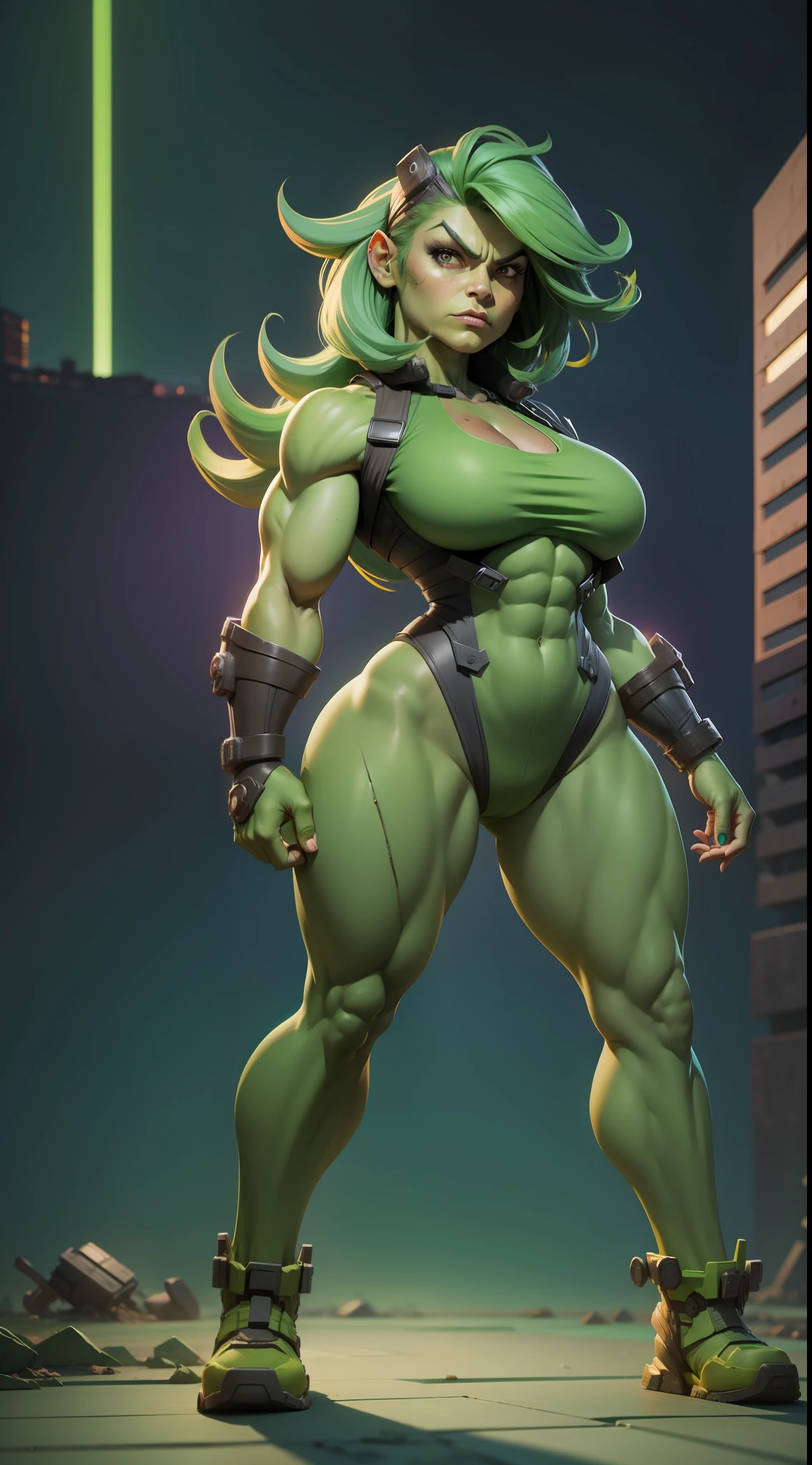Female Hulk, cute face, serious face, Hulk costume, standing, post apocalytic dessert, night time, colorful background, UHD, side lighting, ultra realistic, ray tracing, full body must be shown