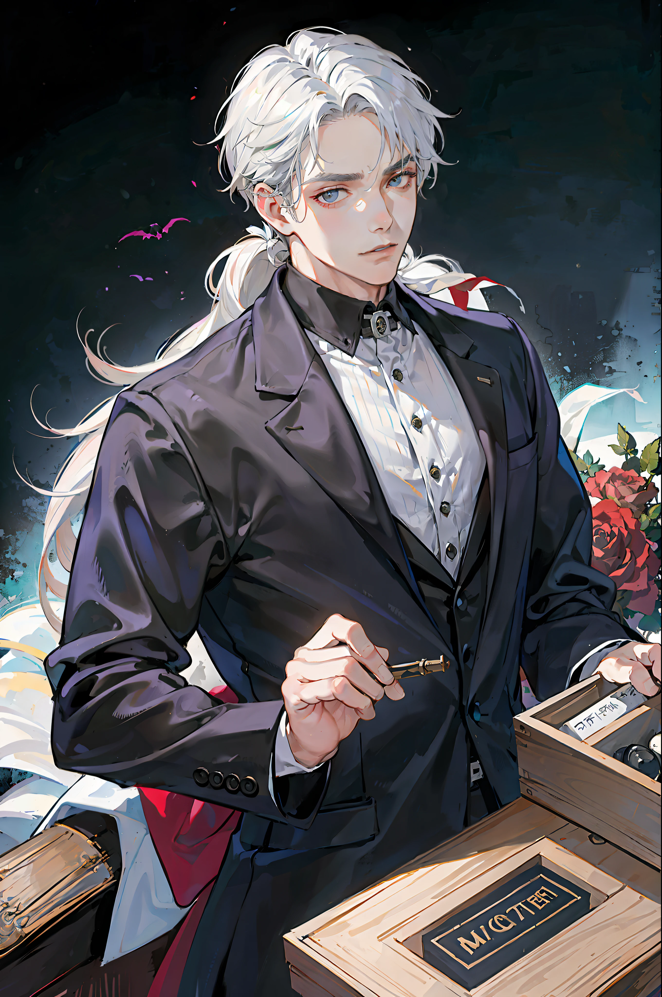 (masterpiece, best quality:1.2), (absurd res, high res, ultra detailed), 1 male, adult, handsome, tall muscular guy, broad shoulders, white hair, finely detailed eyes, portrait, looking at viewer, solo, half shot, detailed background, detailed face, (gothic), smirk, vampire, dark leather, high fantasy,, stealth, undercover, (crates in background), shadows, fog, (dutch angle), closed mouth,