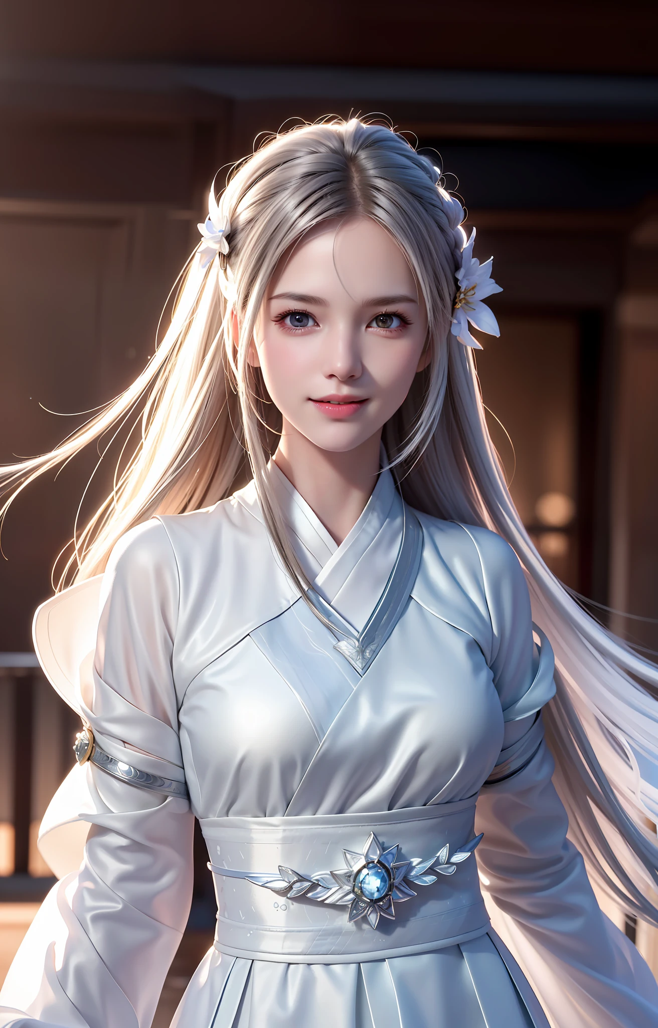 (8k, RAW photo, best quality, mastery:1.2), (realistic, photo-realistic:1.37), ultra-detailed, (high detailed skin:1.2), 8k uhd, dslr, soft light, high quality, film grain, Fujifilm XT3, professional lighting, photon mapping, radiosity, hanfu, White robe fluttering in the wind, long white hair, well-dressed, perfect face, handsome, concept art, detailed face and body, award winning photography, detailed face, backlight, hyper-realism, ray tracing, intense gaze, looking at the audience, movie lights, embers, fantasy, action pose, splash, mist, raw photo, 8k uhd, film grain, charming smile, healing smile, close-up