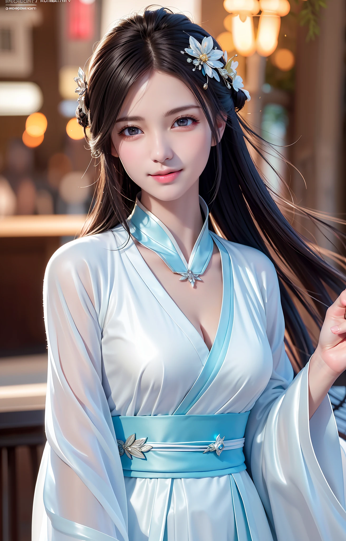 (8k, RAW photo, best quality, mastery:1.2), (realistic, photo-realistic:1.37), ultra-detailed, (high detailed skin:1.2), 8k uhd, dslr, soft light, high quality, film grain, Fujifilm XT3, professional lighting, photon mapping, radiosity, hanfu, White robe fluttering in the wind, long white hair, well-dressed, perfect face, handsome, concept art, detailed face and body, award winning photography, detailed face, backlight, hyper-realism, ray tracing, intense gaze, looking at the audience, movie lights, embers, fantasy, action pose, splash, mist, raw photo, 8k uhd, film grain, charming smile, healing smile, close-up