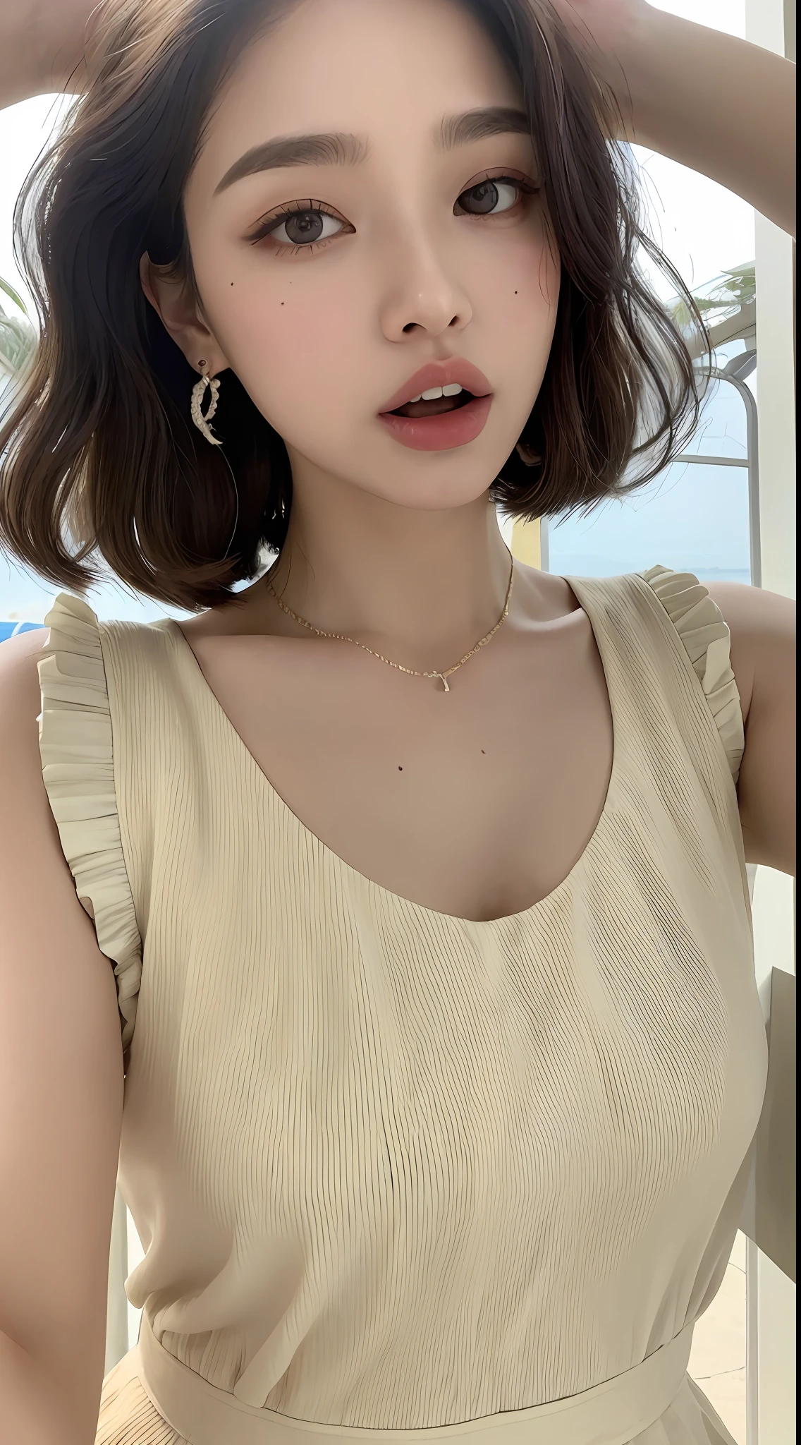 ((Best Quality, 8K, Masterpiece: 1.3, 1girl, Beautiful Girl, Ultra-detailed face and skin texture, Detailed Lips, Detailed Tongue, Dynamism)), Photorealistic, raw photo, natural lighting、( dark rust colored wavy short hair), big, toned abdomen, big round buttocks, double eyelids, dark gray eyes, moist lips, large earrings, simple necklace, moles around the eyes, (cream color sleeveless pleated dress, theme park), excited, hands raised, wide mouth open