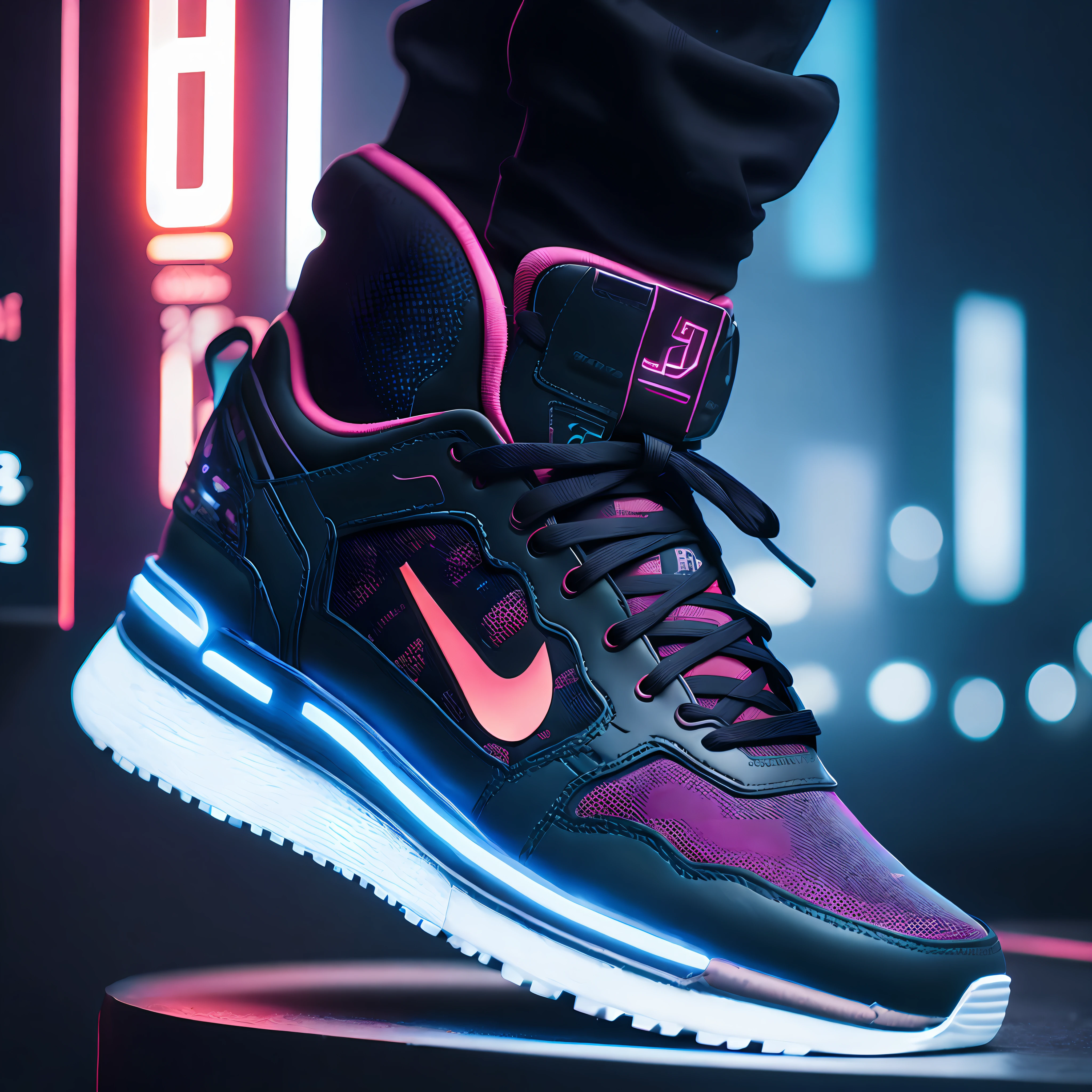 Product Photography of Cyberpunk Sneakers, Epic Rendering, Octane, Atmosphere, Particles, Soft Volumetric Light, (Backlight: 1.3), (Film: 1.3), Intricate Details, (ArtStation: 1.3)