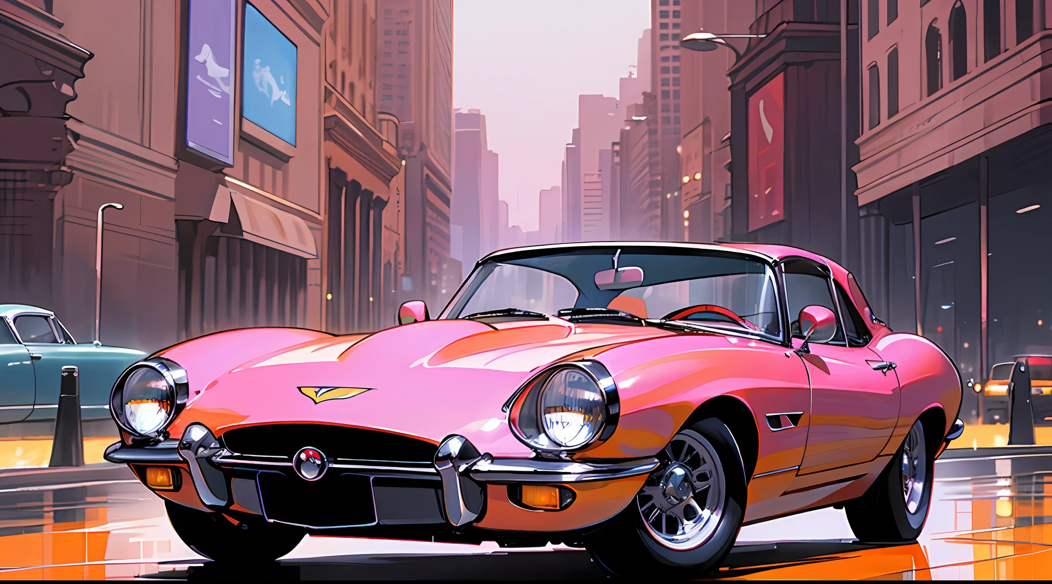 Arafed Sports car, Jaguar E - type, Jaguar E - car type, convertible, Jaguar, convertible, soft top, classic cars, 1961", real and classic look, Corvette C2 1969, exotic, 80s red sports car, city night background, (main color: bright orange), (secondary color: pinkish violet), rain, wet ground