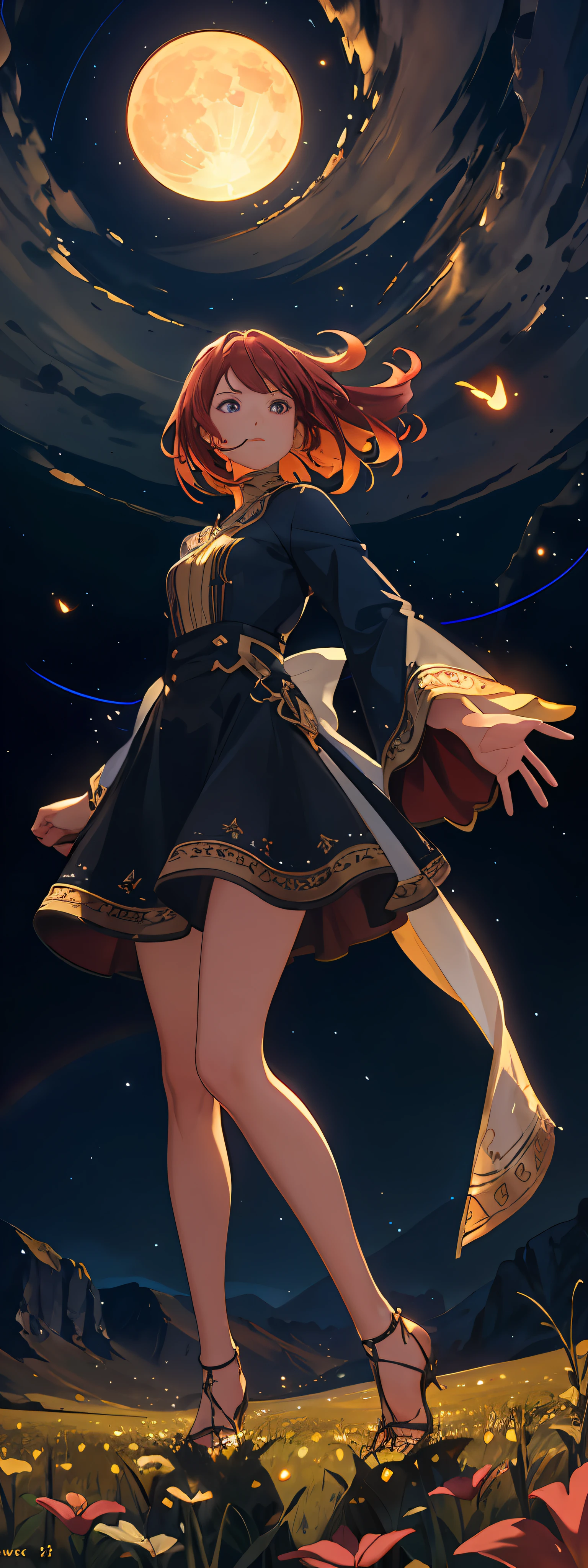 Vast landscape photo, (viewed from below, the sky is above and the open field is below), a girl standing on a flower field looking up, (full moon: 1.2), (meteor: 0.9), (nebula: 1.3), distant mountains , Trees BREAK Crafting Art, (Warm Light: 1.2), (Fireflies: 1.2), Lights, Lots of Purple and Orange, Intricate Details, Volumetric Lighting, Realism BREAK (Masterpiece: 1.2), (Best Quality), 4k, Ultra-Detailed, (Dynamic Composition: 1.4), Very Detailed, Colorful Details, (Rainbow Colors: 1.2), (Glow Lighting, Atmospheric Lighting), Dreamy, Magical, (Solo: 1.2)