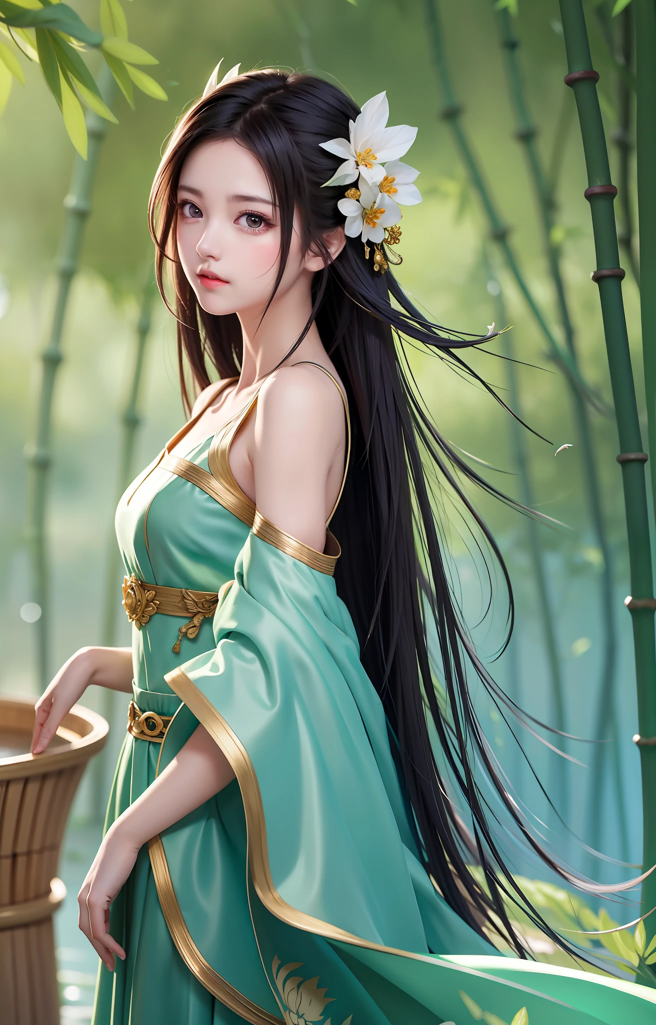 Masterpiece, best quality, official art, 8k wallpaper, very detailed, illustration, 1 girl, left hand raised, a small bird falling on the back of hand, black hair, long hair, detailed eyes, bamboo forest, bare shoulders, lake, pure, soft smile