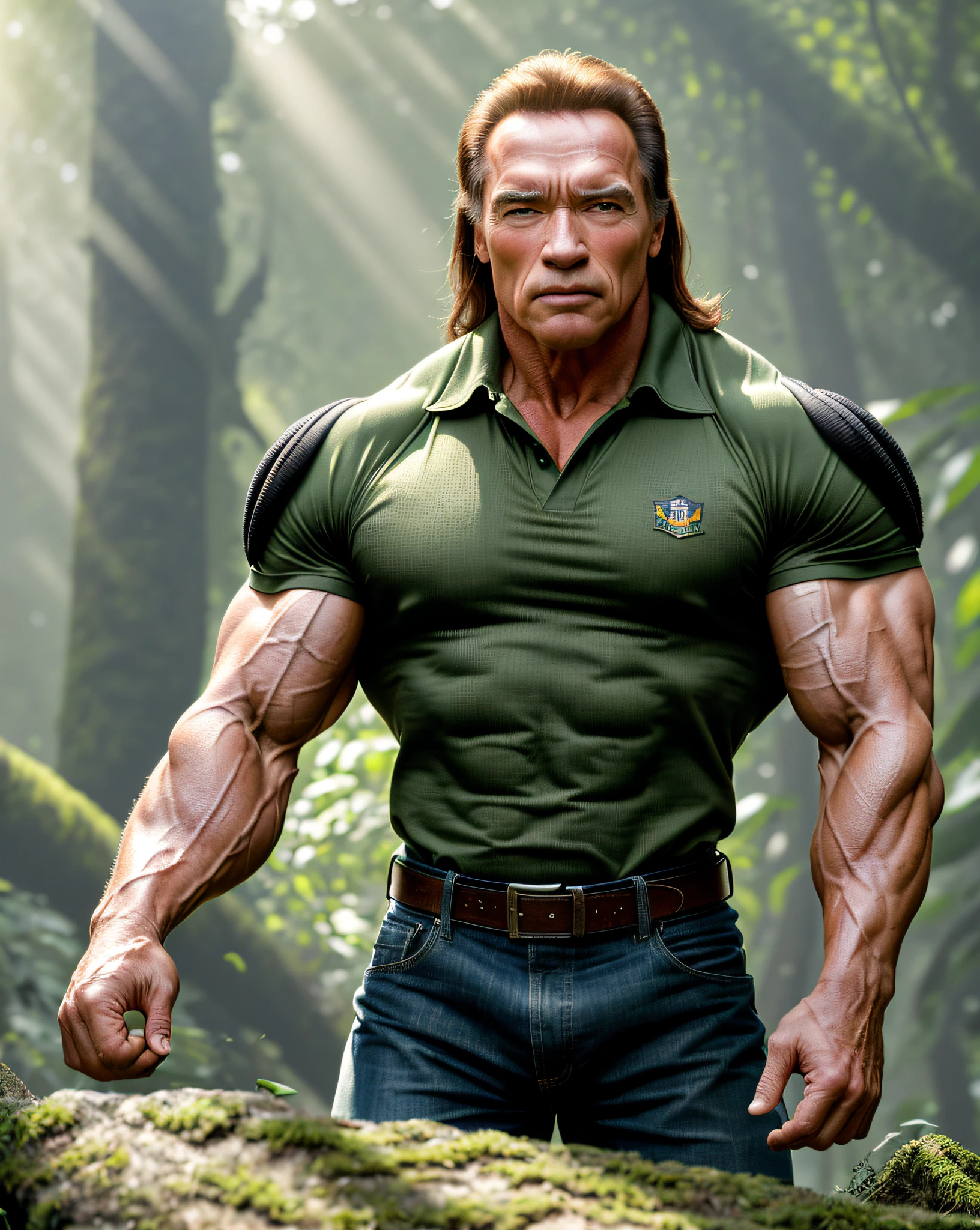 (Masterpiece), (Extremely Complicated:1.3), (Realistic), Arnold Schwarzenegger, Nature, Green, Outdoor, Intense Sunlight, Animals, Professional Photo by Arnold Schwarzenegger detailed in nature He holds a large sign on which there is a discrepancy between environmental awareness and behavior, environment, sharp focus, dramatic, award-winning, cinematic lighting, octane rendering, Unreal Engine, Volumetrics DTX