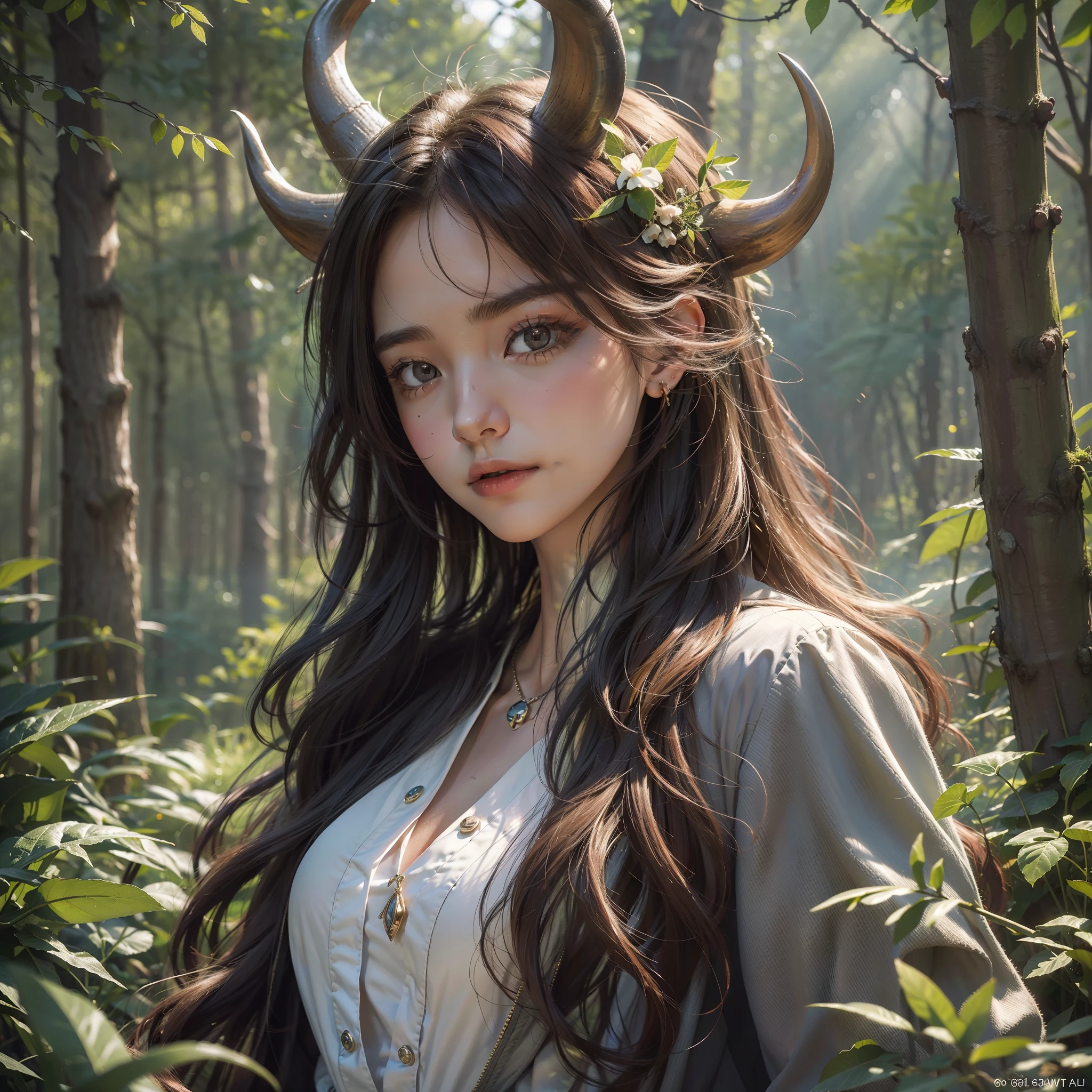 (masterpiece), (best quality), 8k resolution, ultra-detailed, hyper-detailed, realistic, photograph, photorealism, (1girl), girl with deer horns, in the forest, beautiful girl, stunning beauty, stand, cool pose, cinematic light