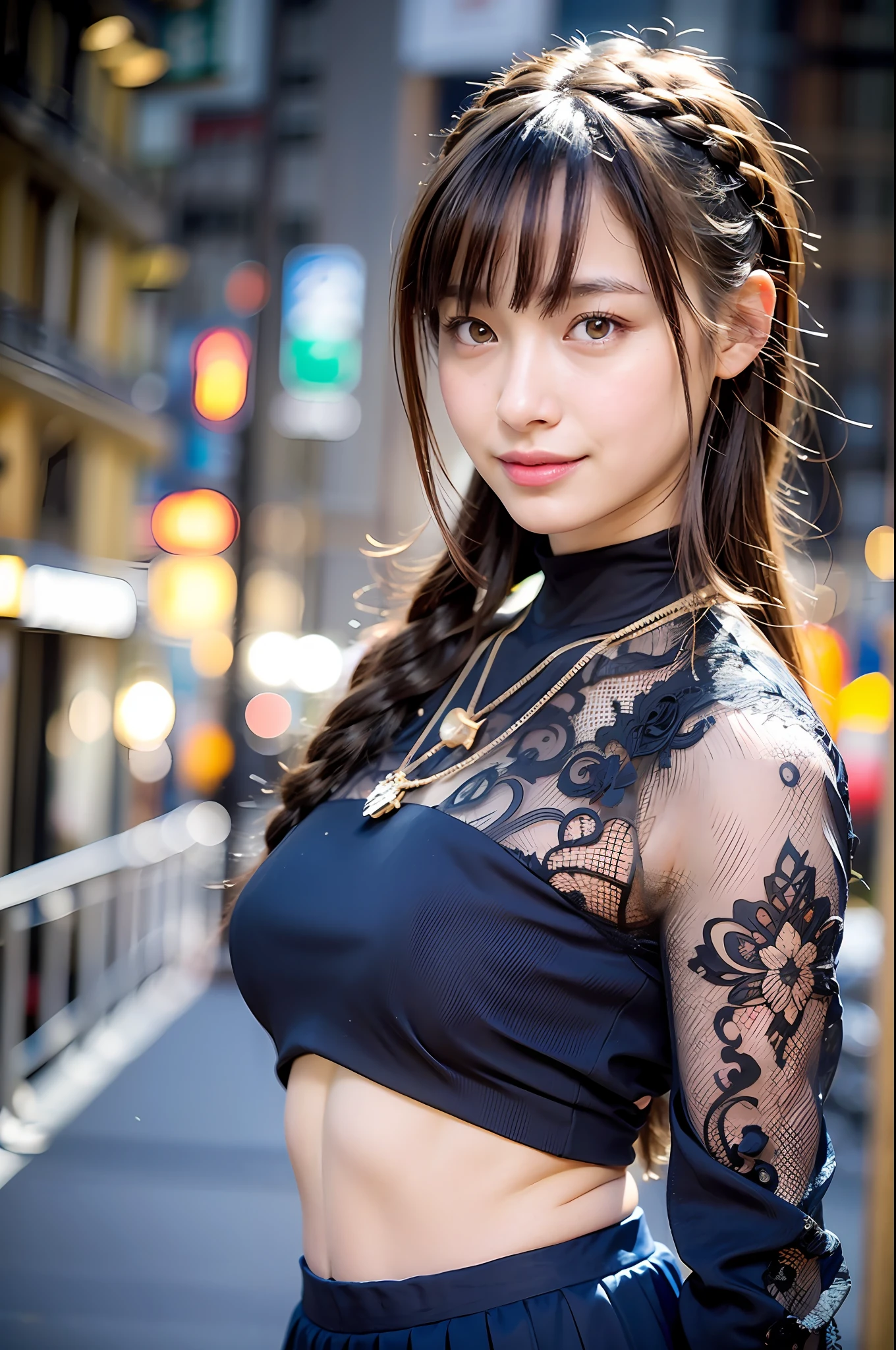 18 year old girl with perfect face and big breasts, cute clothes, slim and slender physique. The skin has detailed and highly detailed eyes (1.1 emphasis), very detailed skin texture (1.1 emphasis). Slender necklace, model photo style, photorealistic, skin texture is real human skin texture, detailed skin pores, intricate details, eyes very detailed, braided hair, from the knee up, little smile, cute pose, sexy mouth, night view: 2, dark riding, date, standing, profile, black dress: 2,black flared skirt, black suit, smile, Looking back from the viewer's perspective