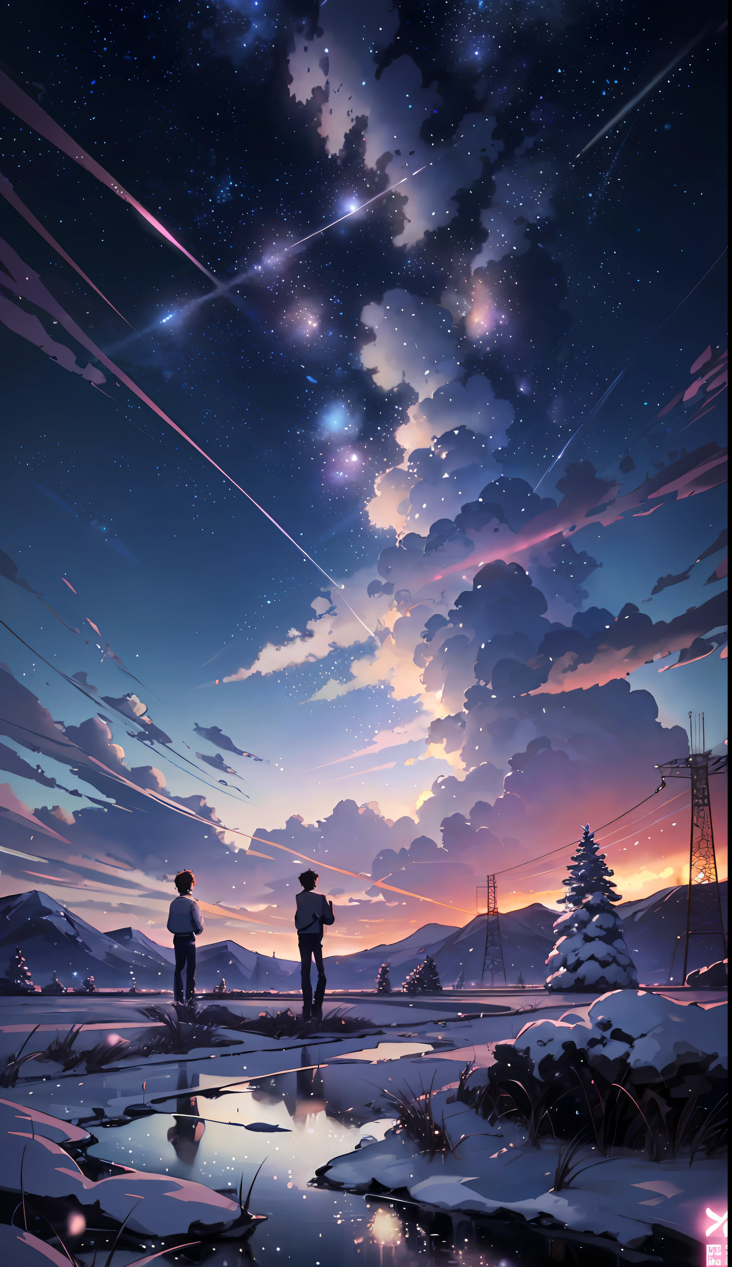 An anime scene of two people standing on a snowy field with the sky in the background, inspired by Makoto Shinkai's anime drawings, trending on pixiv, concept art, Cosmos Sky. Author: Makoto Shinkai, beautiful anime scene, Makoto Shinkai Cyril Rolando, anime art wallpaper 4k, anime art wallpaper 4k, anime sky, anime beautiful peaceful field ((((Makoto Shinkai style)), pixiv, anime drawing, High resolution, pink sky, beautiful scene), (universe, train passing, magic realism, ((makoto shinkai style)) ::0.8), [art atmosphere, atmosphere:0.8, starry sky, hills, snow mountain , sparkling water, grass, trees, smoke, stars, low angle of view, specular light scattering, detail enhancement. Character details are complete.
