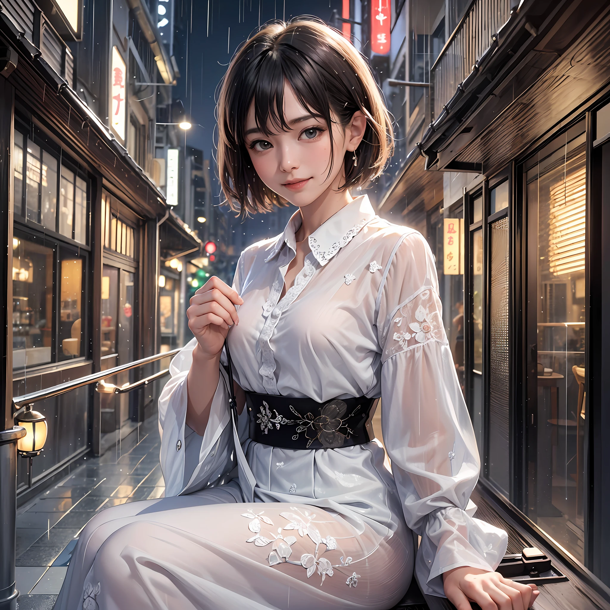 (8k, best quality, masterpiece:1.2), (realistic, photo-realistic:1.37), ultra-detailed, 1 girl, cute,hot Japan traditional dress, solo, beautiful detailed sky, detailed cafe, night, sitting, dating, (nose blush), (smile:1.15), (closed mouth) small breasts, beautiful detailed eyes, (collared shirt:1.1), night, wet, business attire, rain, white lace, (short hair:1.2), floating hair NovaFrogStyle, topless --auto --s2