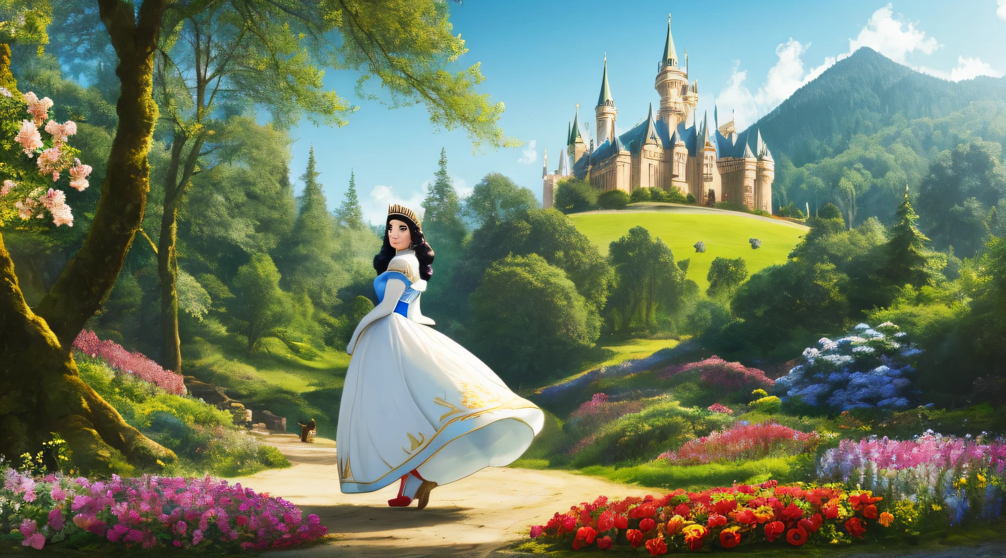 Snow White Disney Princess wearing a crown in the forest with many cute animals near her., dancing first-person view. Many flowers of various colors. A sunny day. with a fairytale castle in the background