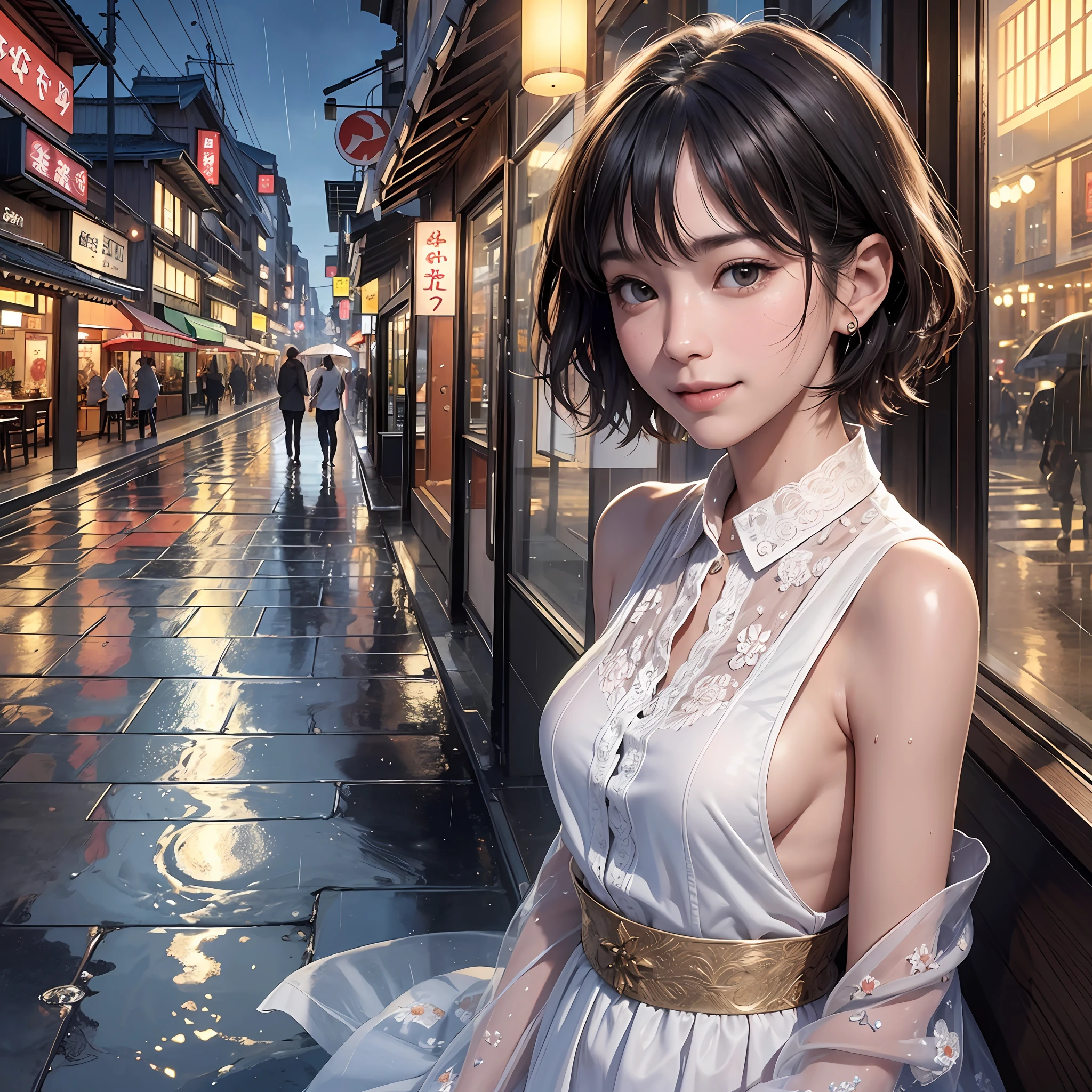 (8k, best quality, masterpiece:1.2), (realistic, photo-realistic:1.37), ultra-detailed, 1 girl, cute,hot Japan traditional dress, solo, beautiful detailed sky, detailed cafe, night, sitting, dating, (nose blush), (smile:1.15), (closed mouth) small breasts, beautiful detailed eyes, (collared shirt:1.1), night, wet, business attire, rain, white lace, (short hair:1.2), floating hair NovaFrogStyle, topless --auto --s2