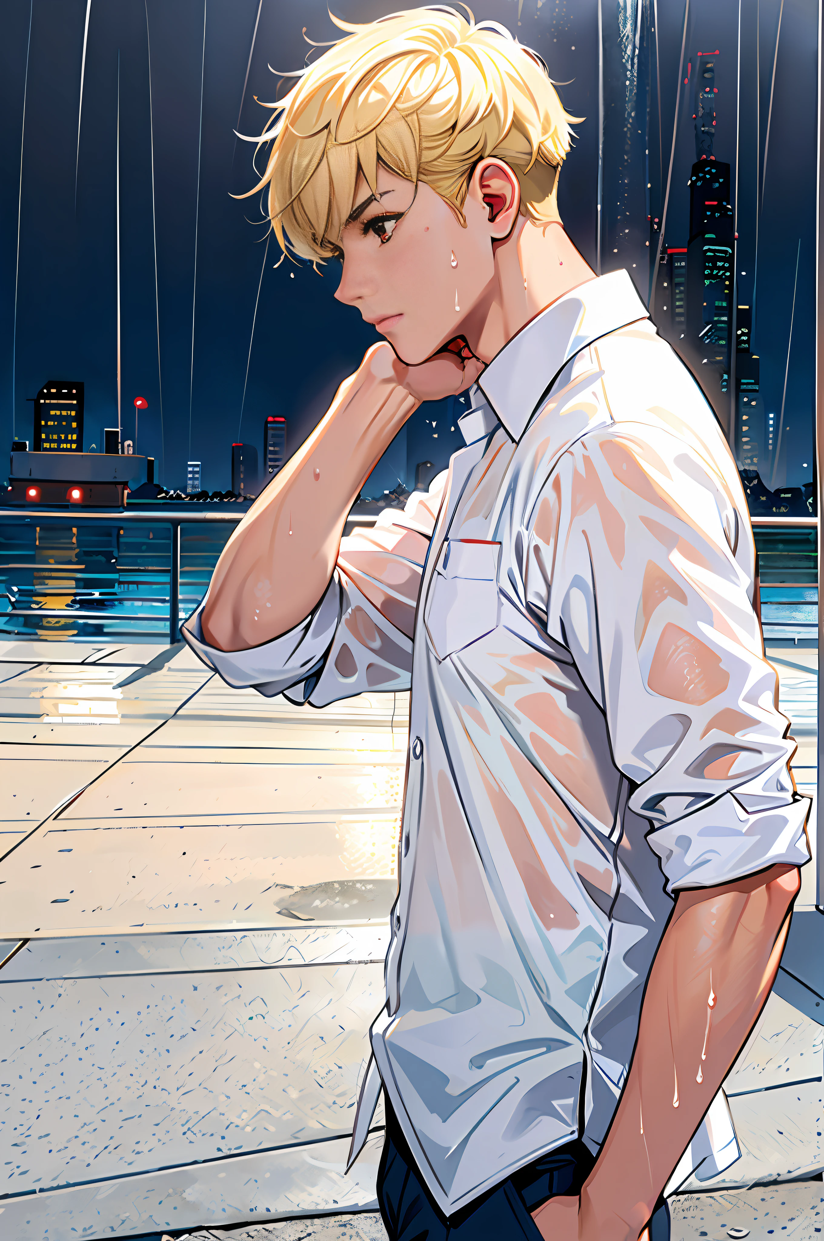 (Best Quality: 1.2), (From Side: 1.2), (Boys), (Short Blonde Hair: 1.2), (Red Eyes: 1.2), (Hands Raised Bangs), (Immediately After Rain: 0.8), (White Shirt), (Wet Clothes), (1 person)