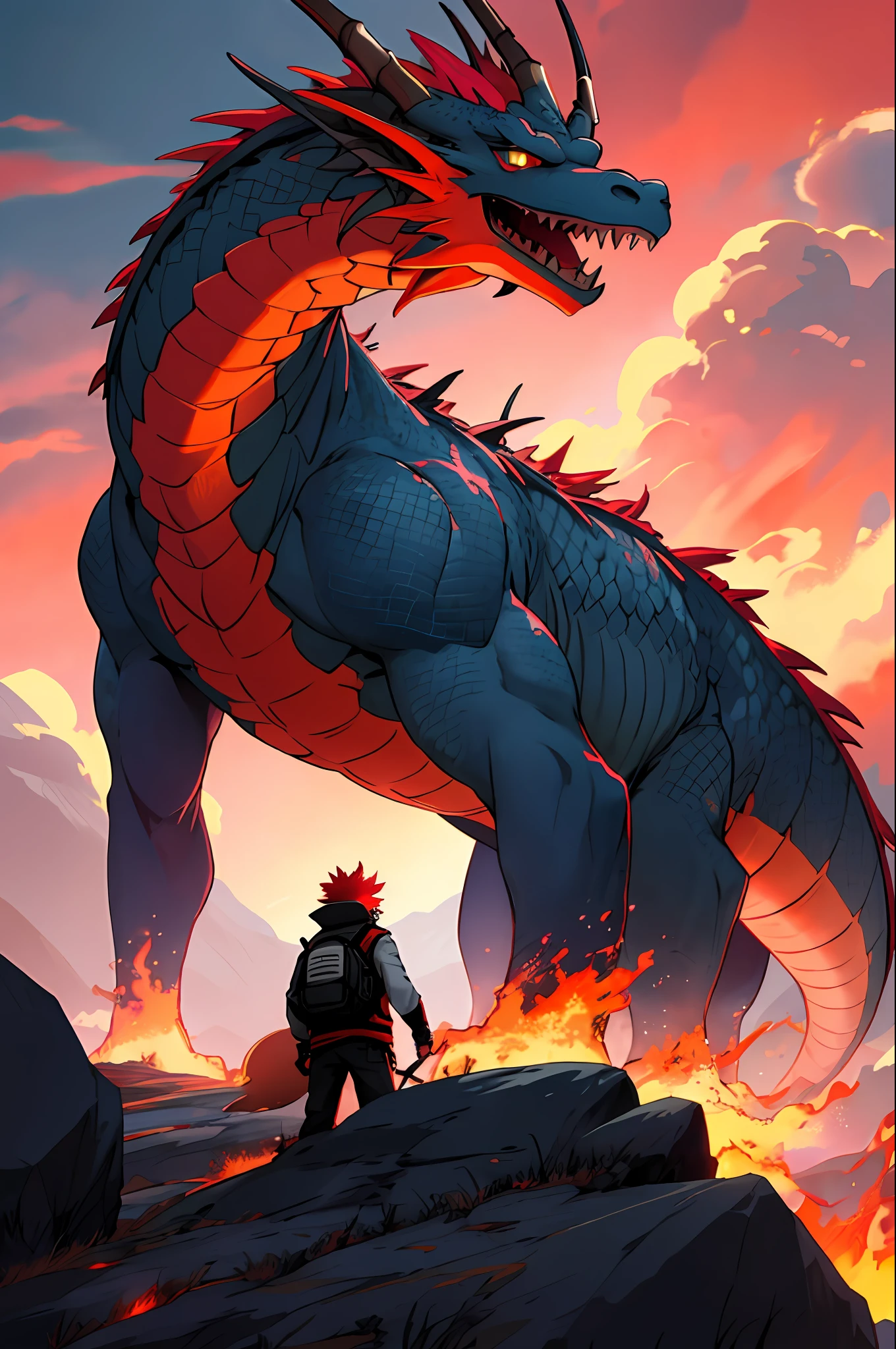 Big dragon with fire breath, red sky background, view from bellow