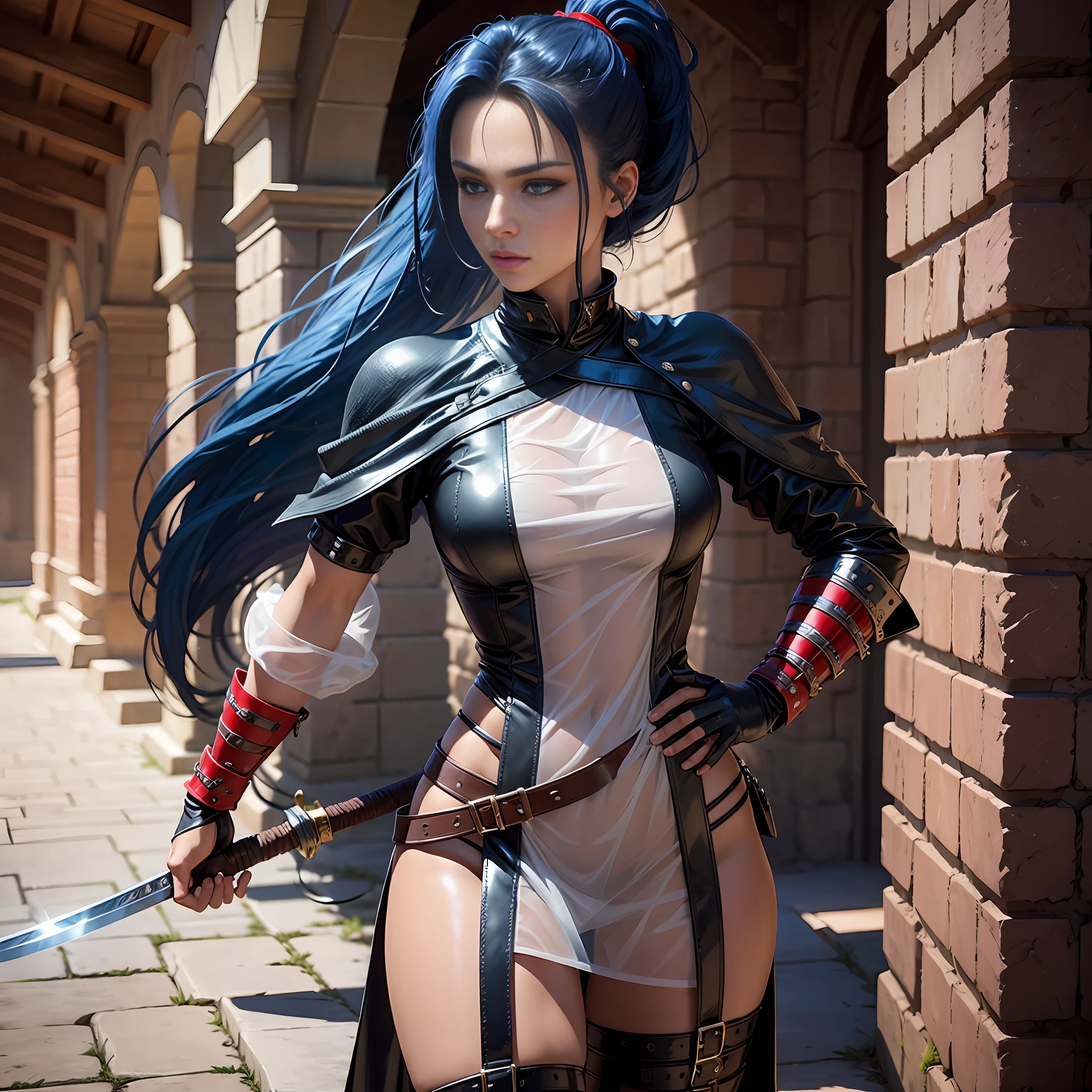 Ponytail, beautiful female warrior, approximately 20 years of age, with a perfect body and dressed in shiny leather elements? The character has dark blue hair with red highlights, tied in a horse tail, and holds a short sword in her hand. I would like the drawing to be done in any graphic convention that fits the character’s nature, wet skin, shiny skin, Transparent organza flowing coat, photorealistic: 2.0. Wet clothes, wet skin, shiny skin