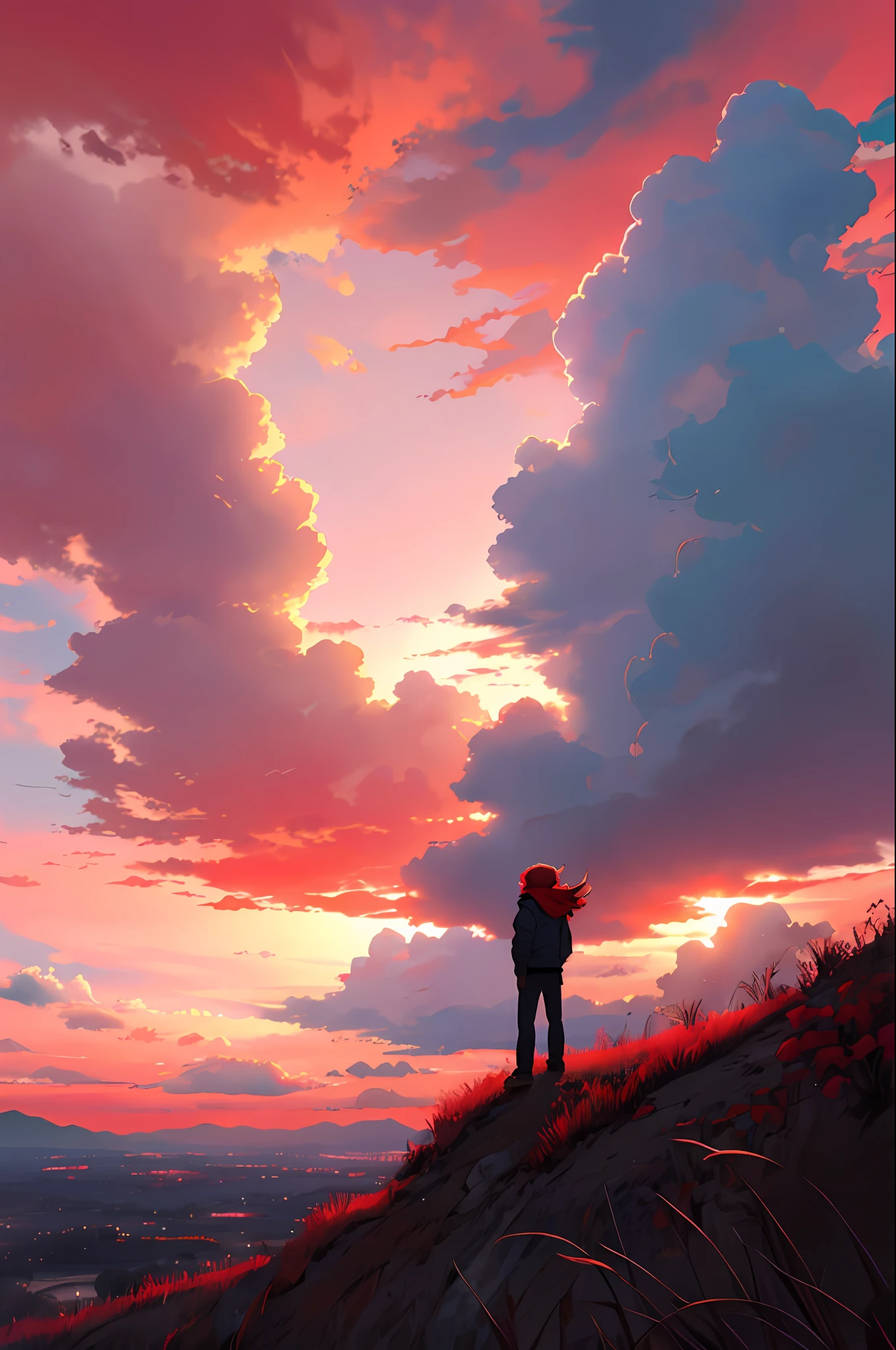 red sky background, view from bellow, hd, detailed