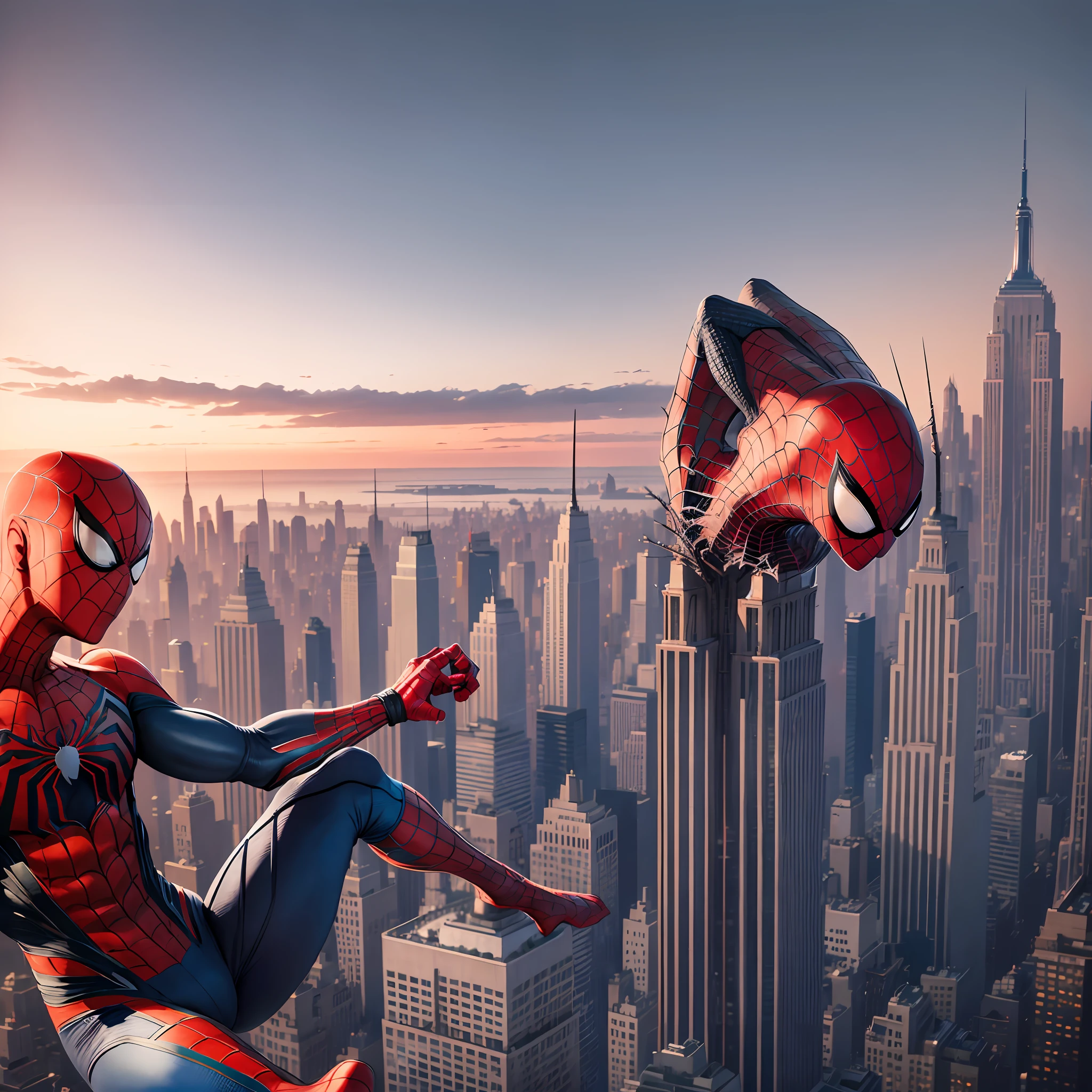 Ultra-high quality 8K, the real restoration of Spider-Man through thorns, the roof of the Empire State Building at night, the city is very lively, Spider-Man is wearing gorgeous spider suits, dancing in the wind, surreal scenes are breathtaking. --auto --s2