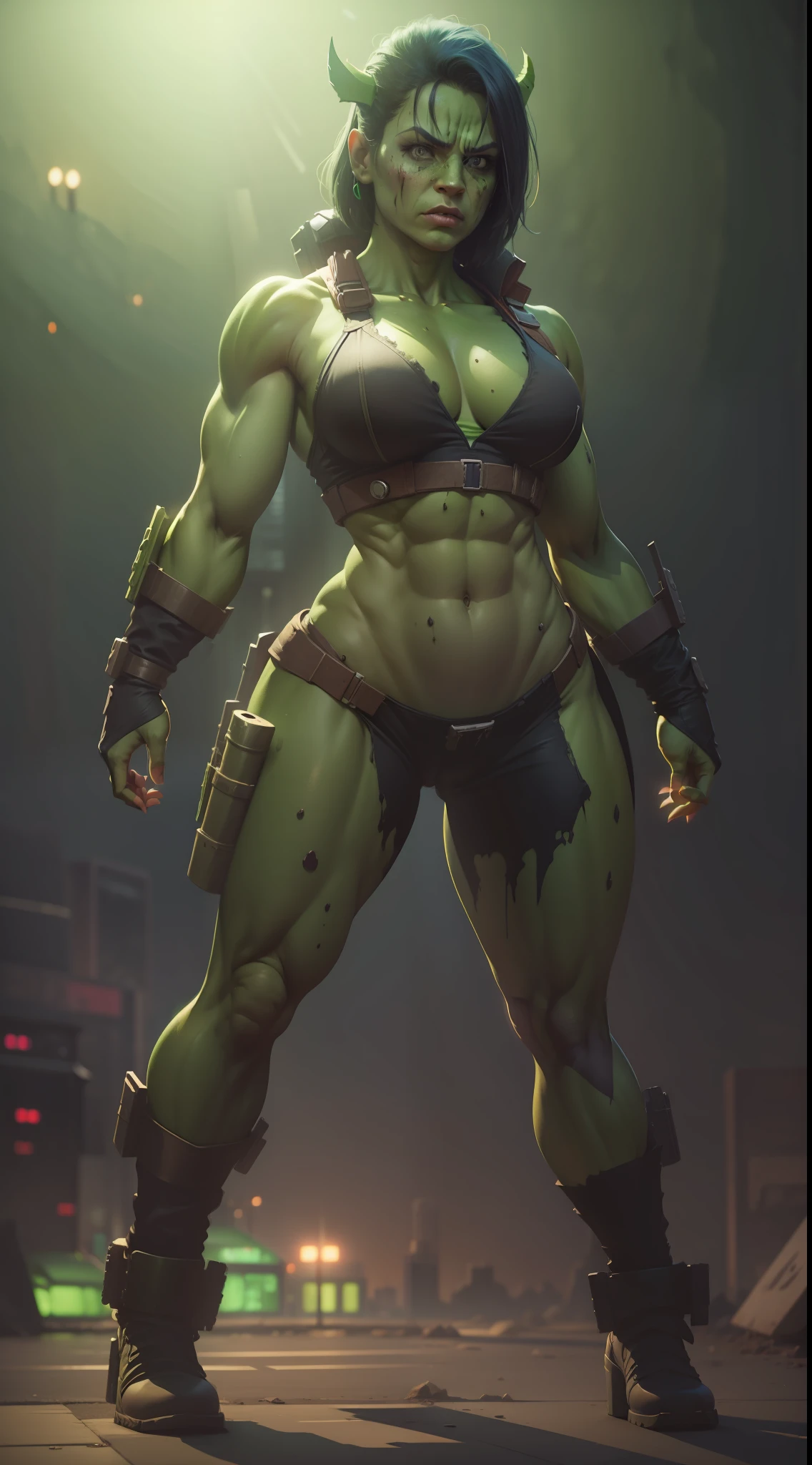 Female Hulk, cute face, serious face, Hulk costume, standing, post apocalytic dessert, night time, colorful background, UHD, side lighting, ultra realistic, ray tracing, full body must be shown