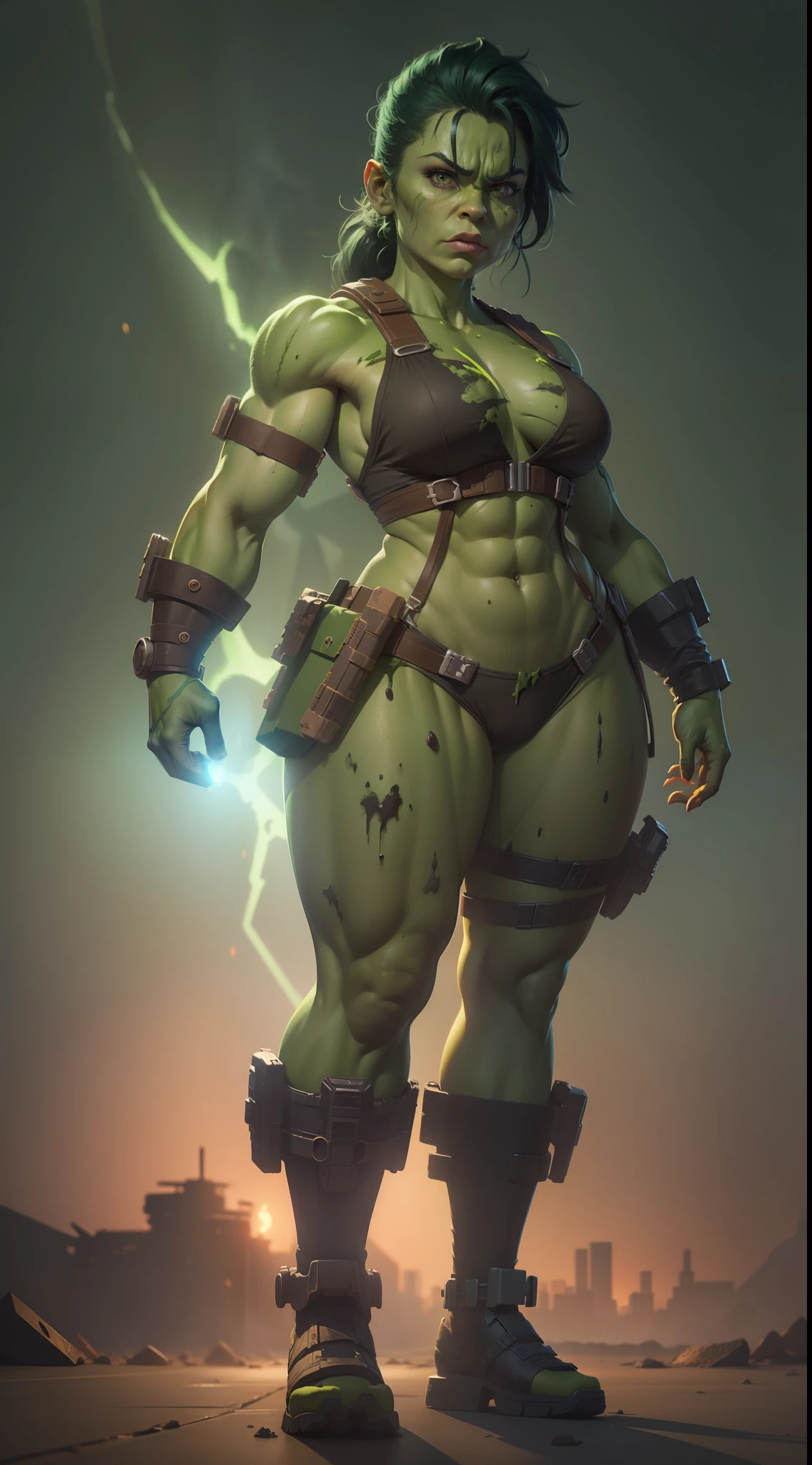 Female Hulk, cute face, serious face, Hulk costume, standing, post apocalytic dessert, night time, colorful background, UHD, side lighting, ultra realistic, ray tracing, full body must be shown