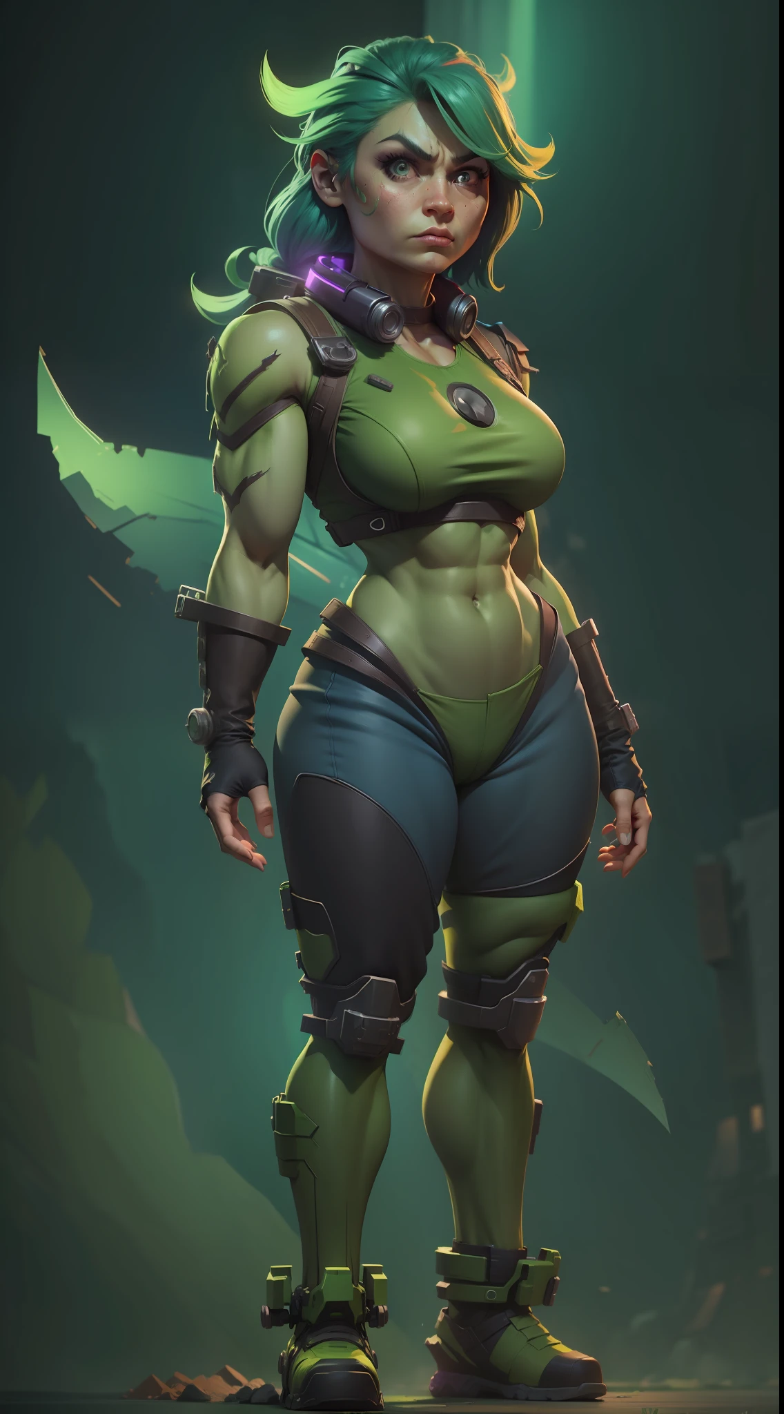 Female Hulk, cute face, serious face, Hulk costume, standing, post apocalytic dessert, night time, colorful background, UHD, side lighting, ultra realistic, ray tracing, full body must be shown