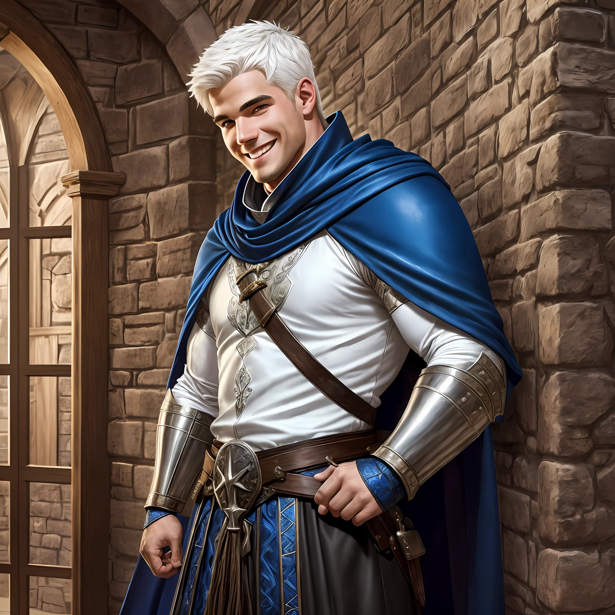 Young man tall muscular, wide, With short White hair, wearing a black medieval Armor and a Blue cape, smiling at the entrance door of a tavern, Realistic, Full HD, best quality