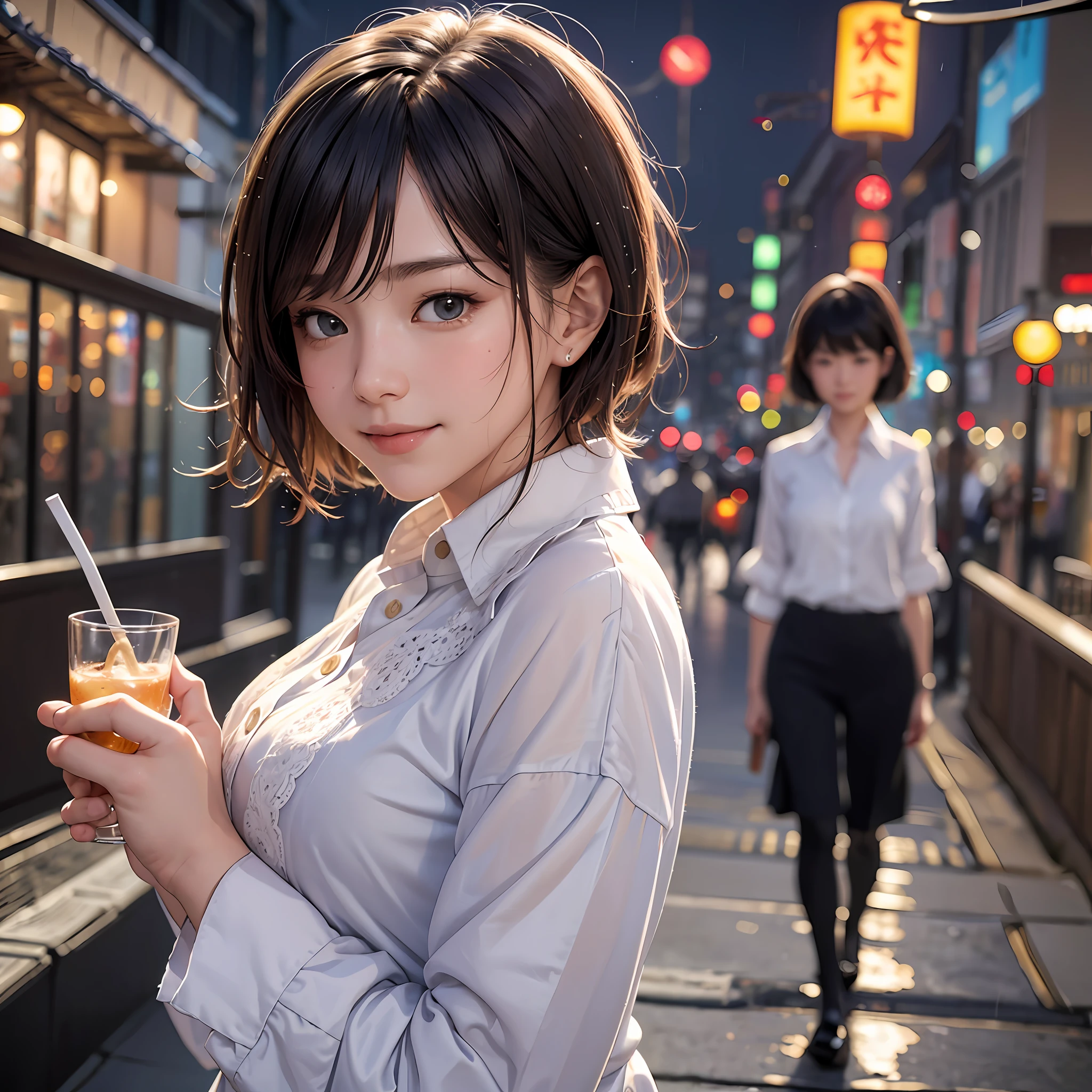 (8k, best quality, masterpiece:1.2), (realistic, photo-realistic:1.37), ultra-detailed, 1 girl, cute,hot Japan traditional dress, solo, beautiful detailed sky, detailed cafe, night, sitting, dating, (nose blush), (smile:1.15), (closed mouth) small breasts, beautiful detailed eyes, (collared shirt:1.1), night, wet, business attire, rain, white lace, (short hair:1.2), floating hair NovaFrogStyle, topless --auto --s2