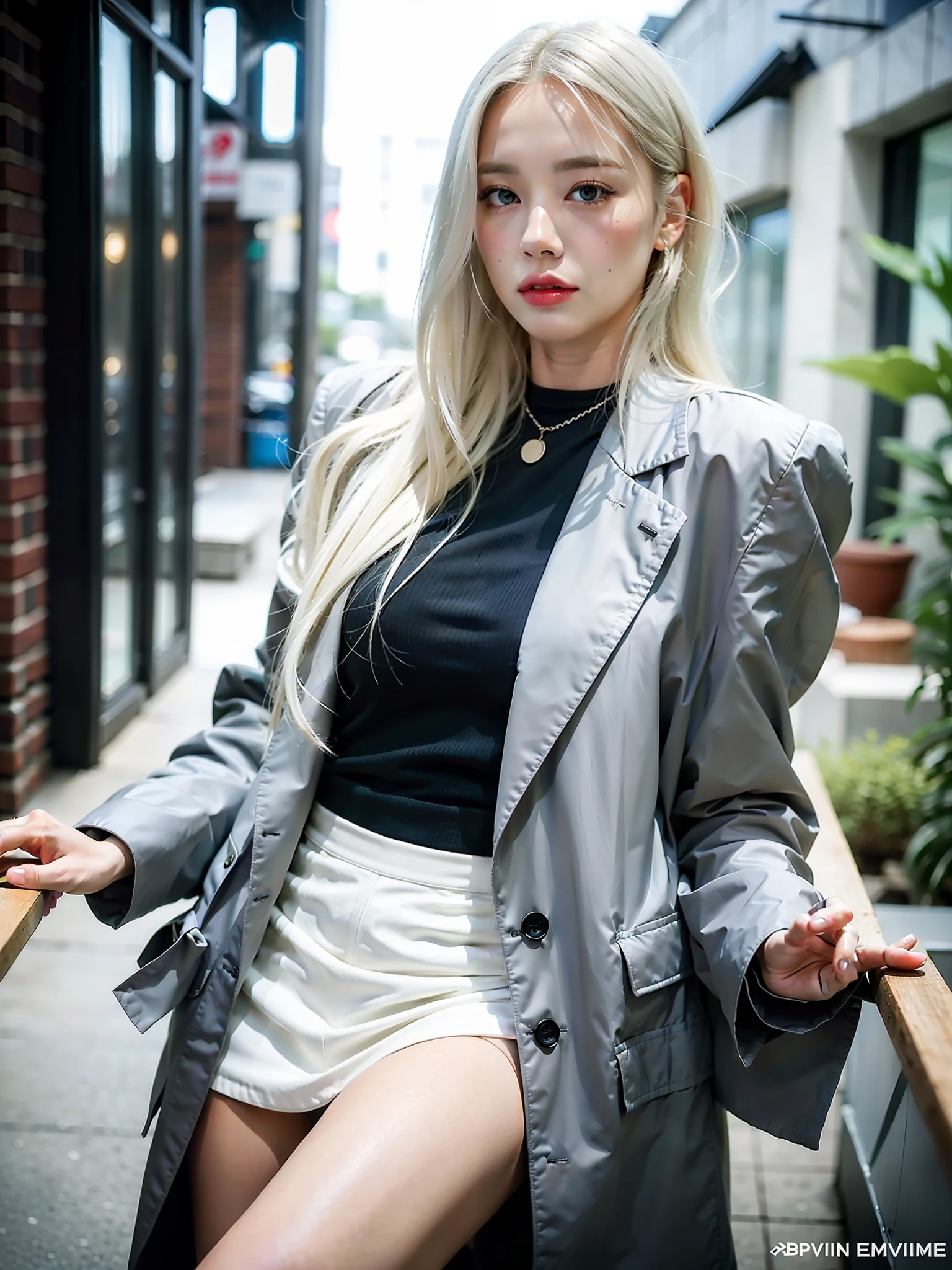 liv moore, 1girl, solo, blonde hair, white hair, jewelry, jacket, necklace, parted lips, blurry, realistic, upper body, blurry background, shirt, looking at viewer, open jacket, meme, open clothes, grey shirt, long hair, lips