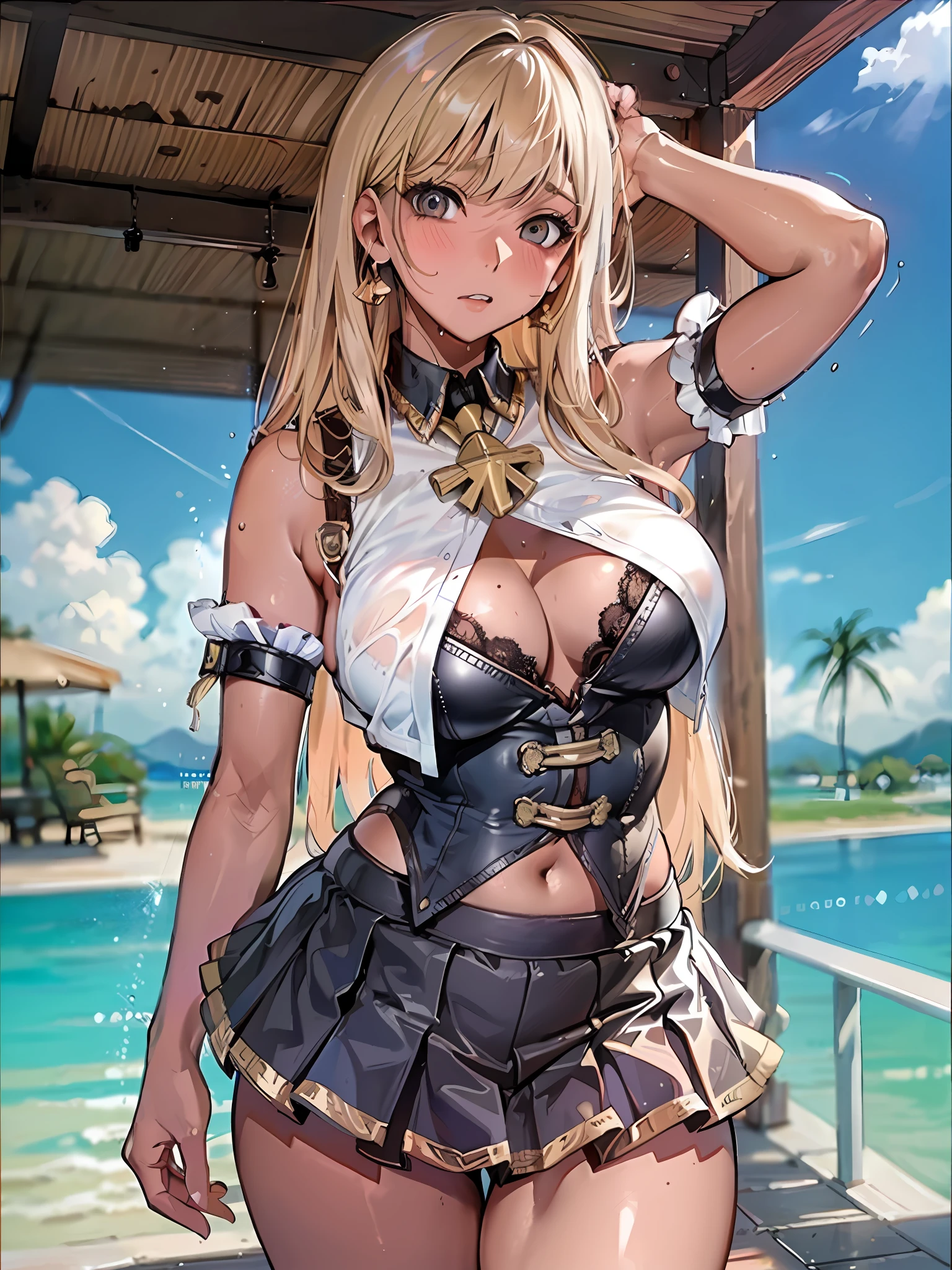 Blonde, Navel, Gal , Blushing, Anger, Erectile areola, (Brown skin:1.2), Big tits, Wet Teka, Photography, Best Quality, Masterpiece: 1.2, (Real, Photorealistic: 1.37), Fine lashes,, Areola Visible, Panties, Wet Uniform, Schoolgirl, Dark blue pleated skirt, Brown skin, Summer clothes