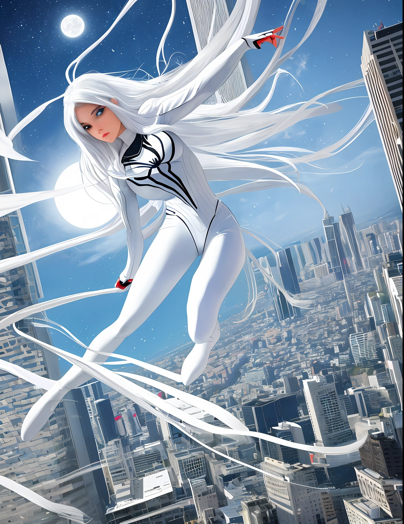 (Masterpiece, 4k resolution, ultra-realistic, very detailed), (White superhero theme, charismatic, there's a girl on top of town, wearing Spider-Man costume, she's a superhero), [ ((25 years), (long white hair:1.2), full body, (blue eyes:1.2), ((Spider-Man pose),show of strength, jumping from one building to another), ((sandy urban environment):0.8)| (cityscape, at night, dynamic lights), (full moon))] # Explanation: The Prompt mainly describes a 4K painting of ultra-high definition, very realistic, very detailed. It shows a superheroine at the top of the city, wearing a Spider-Man costume. The theme in the painting is a white superhero theme, the female protagonist has long white hair, is 25 years old and her entire body is shown in the painting. In terms of portraying the actions of superheroines, spiders are employed