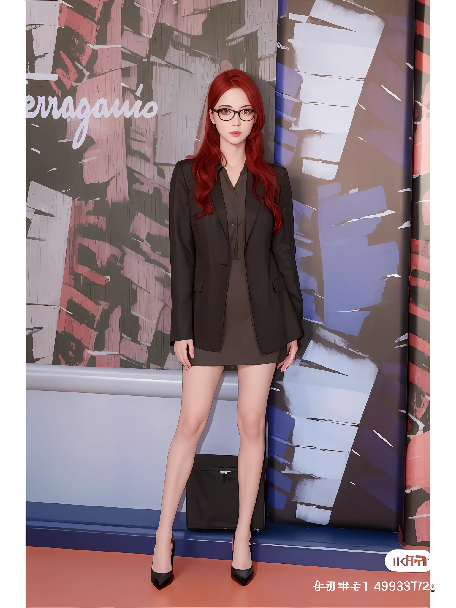 ((Best Quality, 8k, Masterpiece: 1.3)), Focus: 1.2, Perfect Body Beauty: 1.4, Buttocks: 1.2, (Layered Haircut: 1.2)), (Rain, Street:1.3), Full Black Lace Underwear: 1.1, Highly Detailed Face and Skin Texture, Fine Eyes, Double Eyelids, Whitened Skin, Long Red Hair, (Round Face: 1.5), Black-framed Glasses, Black High Heels