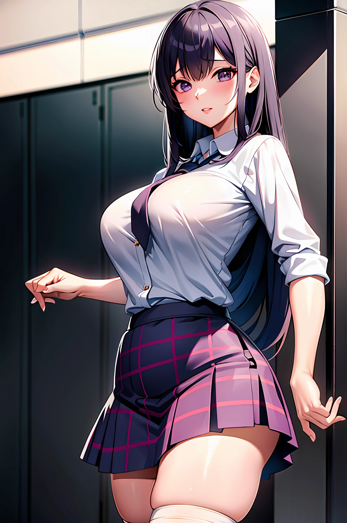 High school girl in white blouse and purple checked skirt, purple checked skirt, long black hair untied, pinched eyes, long lashes, well-styled and rather large breasts, white underwear and skirt rolled up, pose emphasizing big, naughty big, naughty thighs, naughty anime style, beautiful anime schoolgirl, surreal schoolgirl, surreal schoolgirl, seductive anime girls, realistic schoolgirls, big emphasis, naughty anime style, naughty thighs, naughty thighs, smooth anime cg art, surreal schoolgirl girls, seductive anime girls, lifelike schoolgirls, smooth anime CG art, anime girls, beautiful anime schoolgirls, beautiful anime girls, beautiful charming anime age girls, naughty anime style, photorealistic anime girl rendering, beautiful girl strangled from behind, beautiful girl strangled from behind,