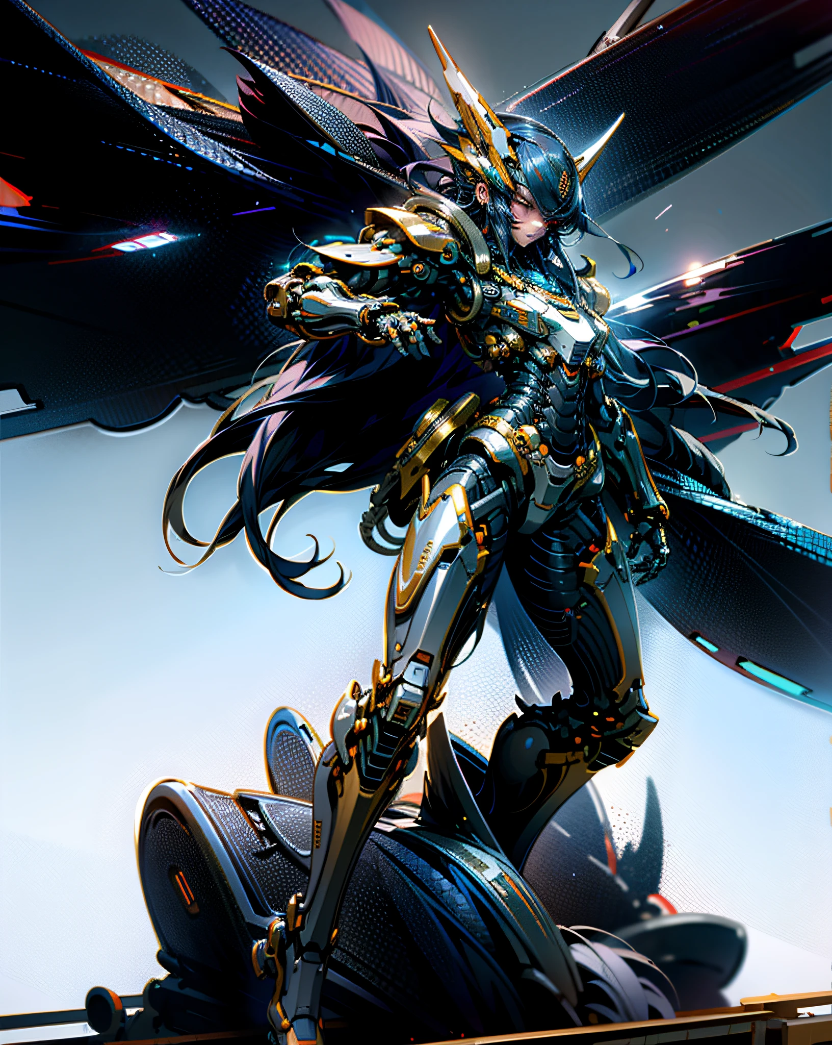 masterpiece, best quality, high quality, (futuristic:1.1), (CYBERPUNK COSTUMES), CINEMATIC LIGHTING, (EXQUISITE FUTURISTIC), BEAUTIFUL AND BEAUTIFUL, SUPER DETAILED, GREAT COMPOSITION, FLOATING, DEPTH OF FIELD, (VERY DETAILED CG, UNITY 8k WALLPAPER), (BEAUTIFUL DETAIL BACKGROUND), BEAUTIFUL HAIR DETAILS, DRAMATIC LIGHTING, GOGETTA, MECHA, FULL BODY,