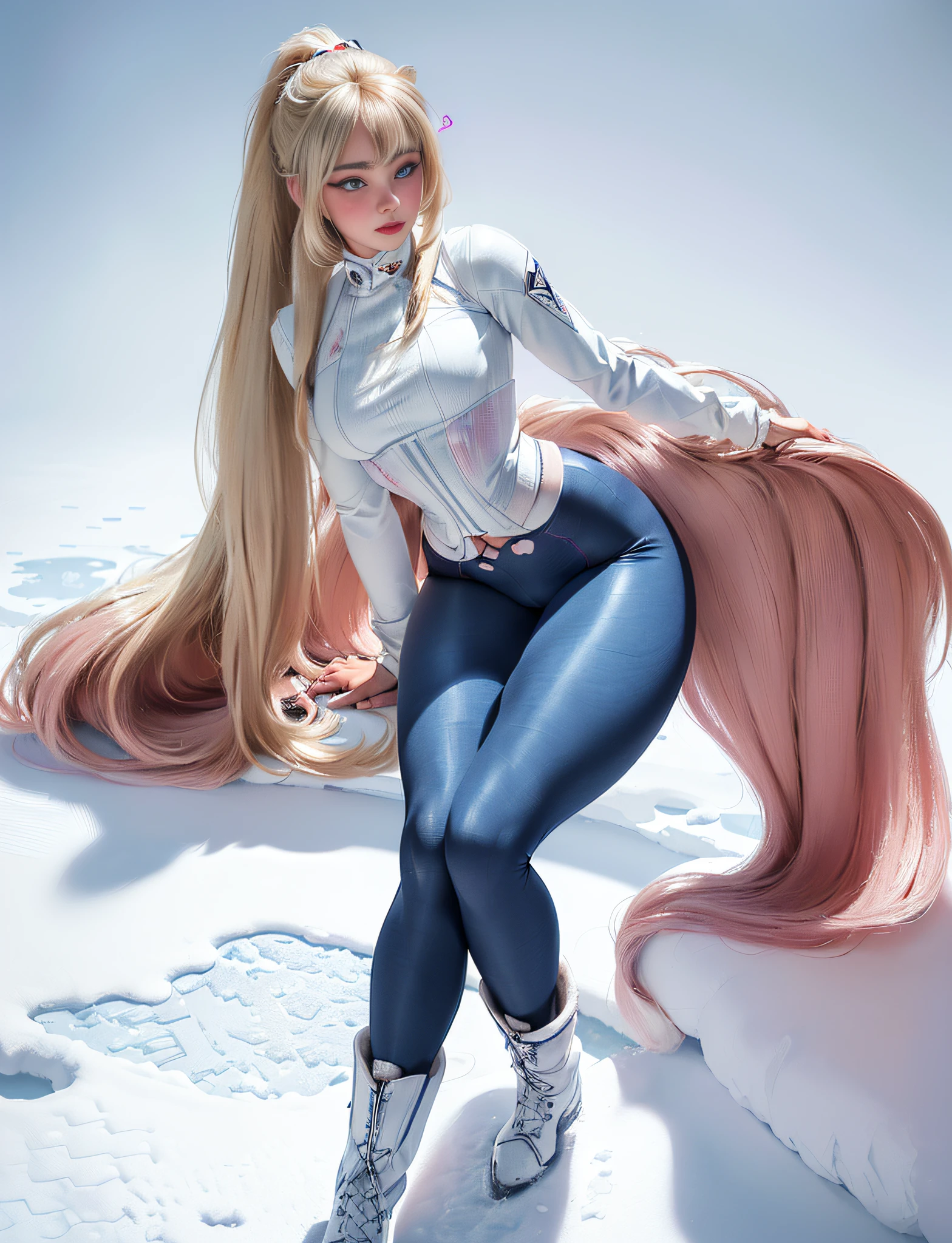 ((very detailed RAW color photo)), (((1 girl))), (((alone))), (((29 years))), ((athletic)), ((very defined toned physique)), ((very defined and beautiful muscular body)), (((very detailed perfect body))), (((small and defined breasts))), (((ultra defined curves))), (((superior quality, 8k, masterpiece: 1.3)), sharp focus: 1.2, (((extremely beautiful girl with perfect figure: 1.4))), ((very thin waist: 1.2)), ultra detailed skin texture, ((perfect and beautiful hands)), ((smooth and soft skin)), (ultra detailed fabric texture), extremely beautiful ultra detailed face, (((extremely beautiful))), intricate details, ultra detailed, (((girl wearing a snow jacket and tight snow leggings with hiking boots))), (((the suit is white))), (((extremely long straight blonde hair))), extremely beautiful, ((((extra long ponytail with bangs))), ((very detailed and beautiful wolf ears)), (hair on the face), ((hair ribbon)), dynamic pose, ((uniform leaves thighs exposed)), ((ultra detailed and toned legs)), (((ultra detailed waist))), (((very wide hips))), (((very thick and toned thighs))), (sexy), (((extreme hourglass figure))), (((very thick heart lips))), (((red lipstick)), ((ultra detailed lips)), ((ultra detailed blue eyes)), ((angry look)), (((staring at the viewer))), ultra detailed provocative mouth, extremely beautiful seductive lips, ((blushing)), (makeup), (((ultra defined waist))), eye shadow, (full body shot), in a frozen Siberian lake