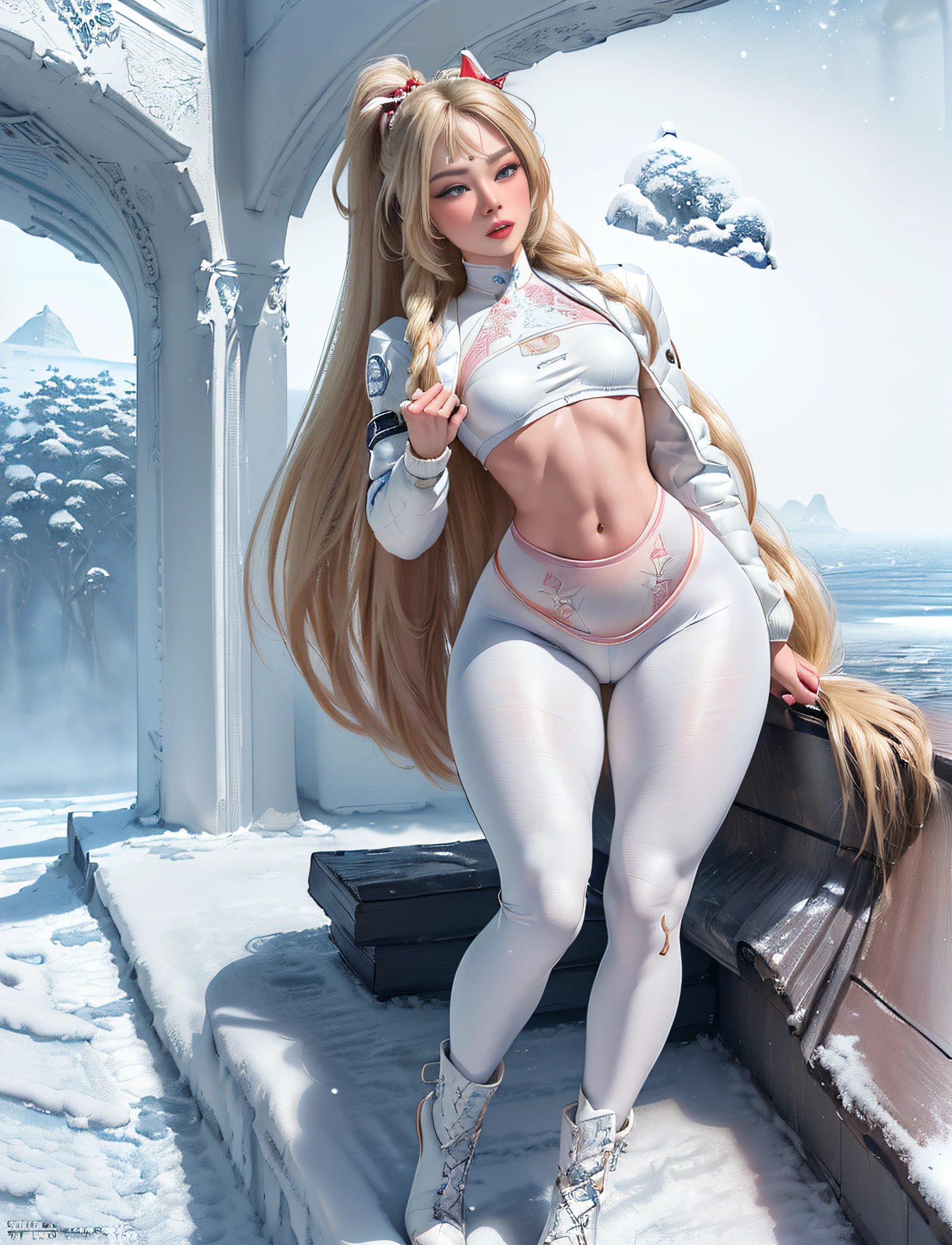 ((very detailed RAW color photo)), (((1 girl))), (((alone))), (((29 years))), ((athletic)), ((very defined toned physique)), ((very defined and beautiful muscular body)), (((very detailed perfect body))), (((small and defined ))), (((ultra defined curves))), (((superior quality, 8k, masterpiece: 1.3)), sharp focus: 1.2, (((extremely beautiful girl with perfect figure: 1.4))), ((very thin waist: 1.2)), ultra detailed skin texture, ((perfect and beautiful hands)), ((smooth and soft skin)), (ultra detailed fabric texture), extremely beautiful ultra detailed face, (((extremely beautiful))), intricate details, ultra detailed, (((girl wearing a snow jacket and tight snow leggings with hiking boots))), (((the suit is white))), (((extremely long straight blonde hair))), extremely beautiful, ((((extra long ponytail with bangs))), ((very detailed and beautiful wolf ears)), (hair on the face), ((hair ribbon)), dynamic pose, ((uniform leaves thighs exposed)), ((ultra detailed and toned legs)), (((ultra detailed waist))), (((very wide hips))), (((very thick and toned thighs))), (sexy), extreme hourglass figure))), (((very thick heart lips))), (((red lipstick)), ((ultra detailed lips)), ((ultra detailed blue eyes)), ((angry look)), (((staring at the viewer))), ultra detailed provocative mouth, extremely beautiful seductive lips, ((blushing)), (makeup), (((ultra defined waist))), eye shadow, (full body shot), in a frozen Siberian lake