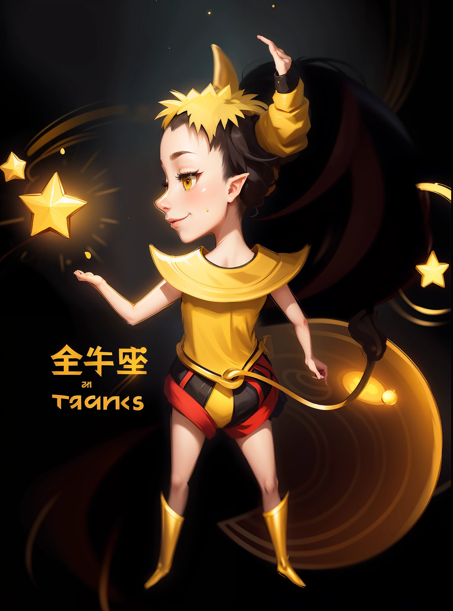 A woman in a yellow dress holding a cartoon of stars, golden Taurus, Taurus, moon-themed costume, official fanart, Tataru, Taurus symbol, inspired by Zou Yigui, by Yang J, high quality fanwork, as tarot cards, ✨🕌🌙 ❤🔥🍄🌪 fanart
