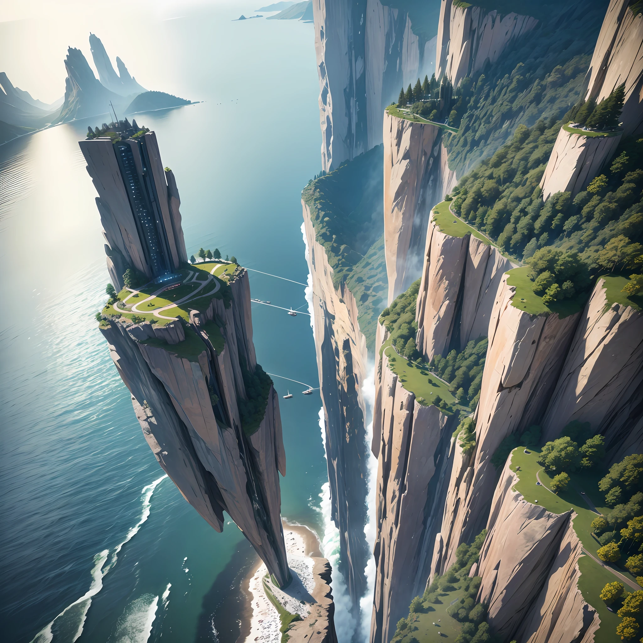 Realistic fantasy, detail, realism, computer clarity, ultra-realism, 8kk, cliff, cliff, waterfall, sky, wind (high ultra-clarity, detail of nature), birds in the sky, on the edge of the cliff city (ultra-high detail of the city), (glass high-rise buildings), streets, many people, glass bridge over the cliff, --auto --s2