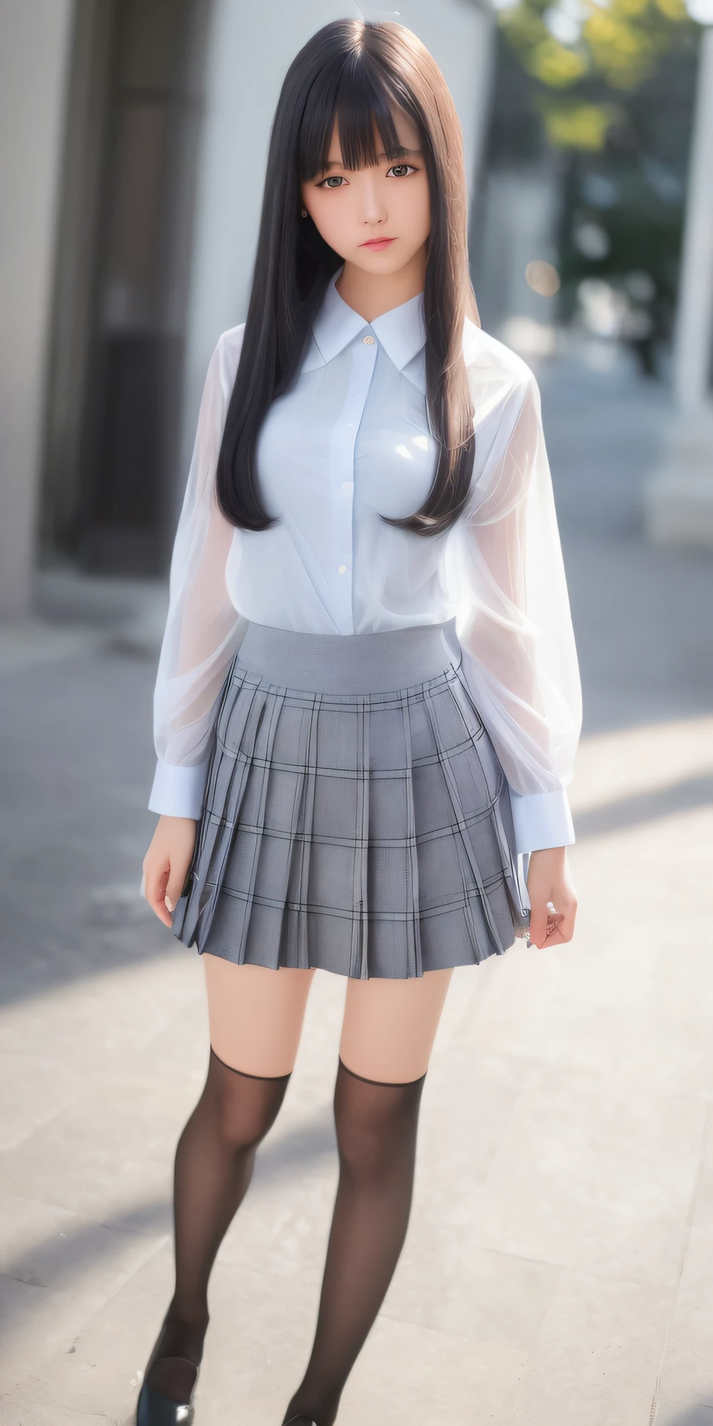 (8k, RAW photo, best quality, master:1.2), (realistic, photo-realistic:1.37), best quality, ultra high res, photon mapping, radiosity, physically-based rendering,bblurry, blurry_foreground, depth_of_field, blurry_background, photo _ \(medium\), motion_blur,1girl, (whole body), long legs, thin legs, Long hair, bairs,(see through bangs), hair_ornament, lips, hairclip, solo, blue_eyes, nosesoft,china,White shirt,Gray Plaid pleated skirt, opaque dress, top view, black loafers, thigh high, black cotton socks,