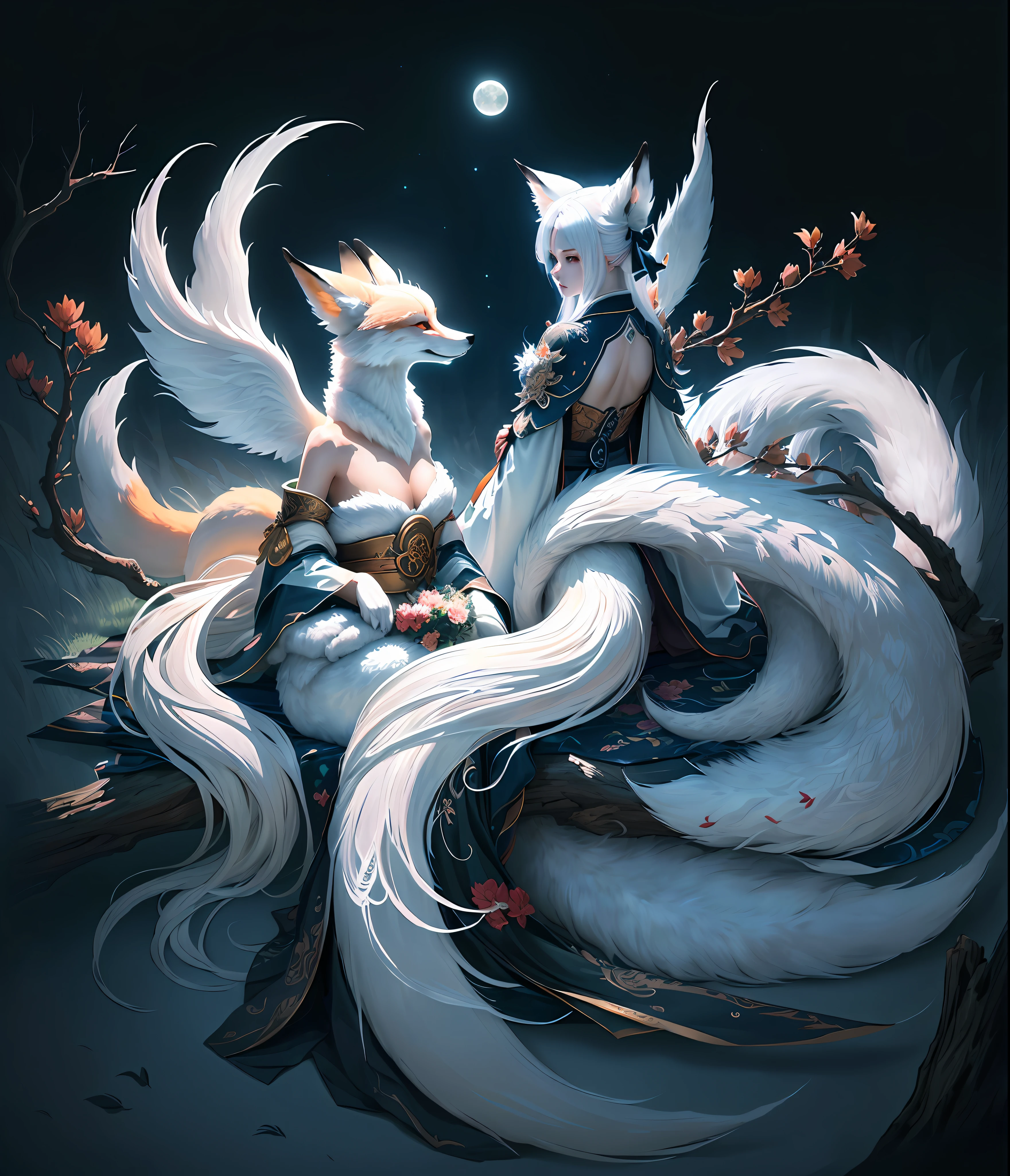 The background is a super large moon, painting of a fox with white hair sitting on a branch under the stars, ethereal fox, nine-tailed fox, dreamy, millennium fox demon, Onmyoji detailed art, nine tails, beautiful artwork illustration, mythical creatures, fox, beautiful digital artwork, exquisite digital illustration, mizutsune, inspired by mythical creature wildnet, digital art on pixiv, bright light, high contrast, horror movie theme, dark atmosphere