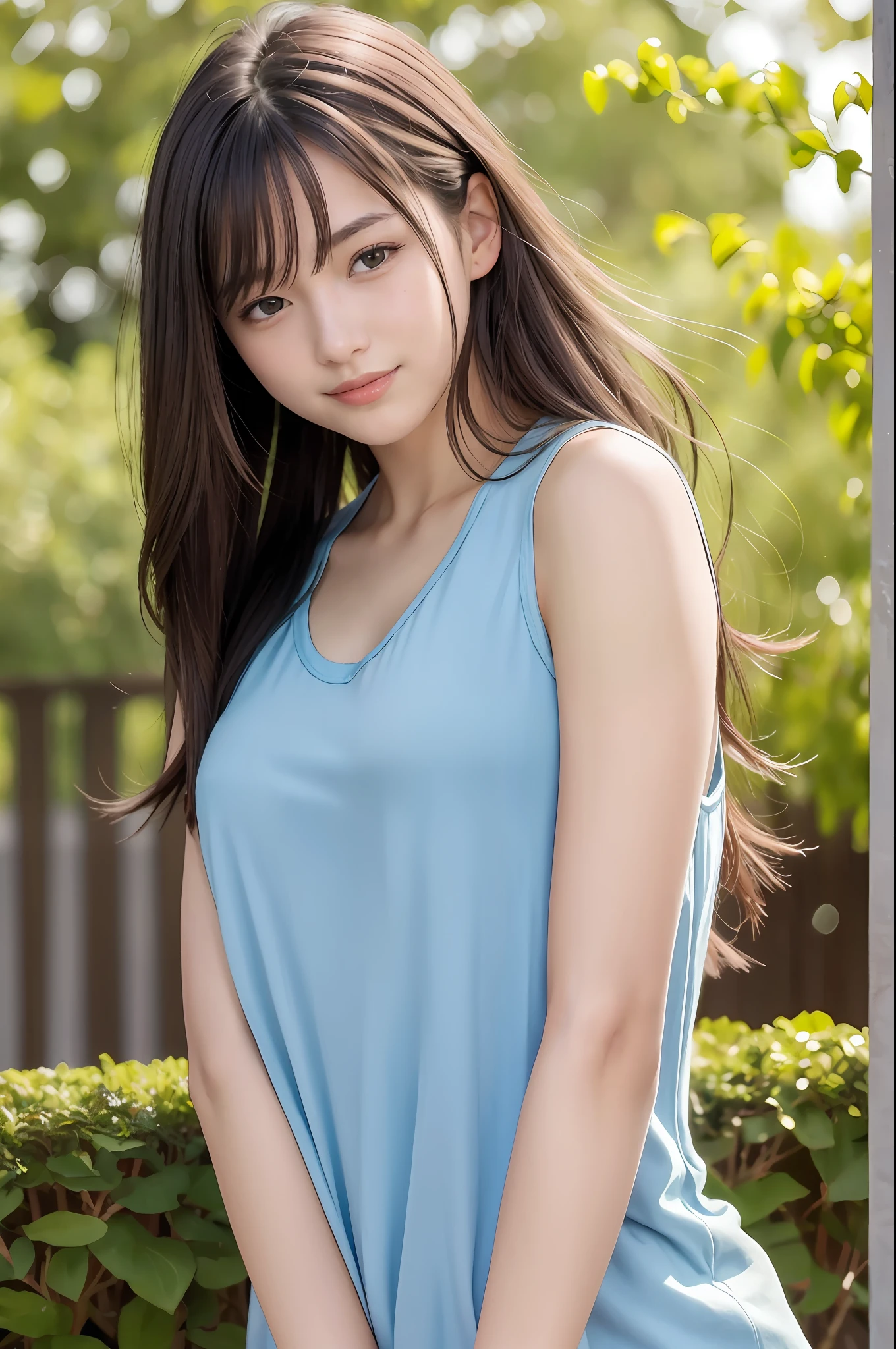 (8K, Top Quality, Masterpiece: 1.2), (Realistic, Photorealistic: 1.37), Super Detail, 1 Girl, 20 years old, Big, Beauty, Cute, Smile, Solo, (Redness of the Nose), (Smile: 1.15), (Mouth Closed), Tank Top, Beautiful Eyes, (Long Hair: 1.2), Floating Hair Novafrog style, upper body