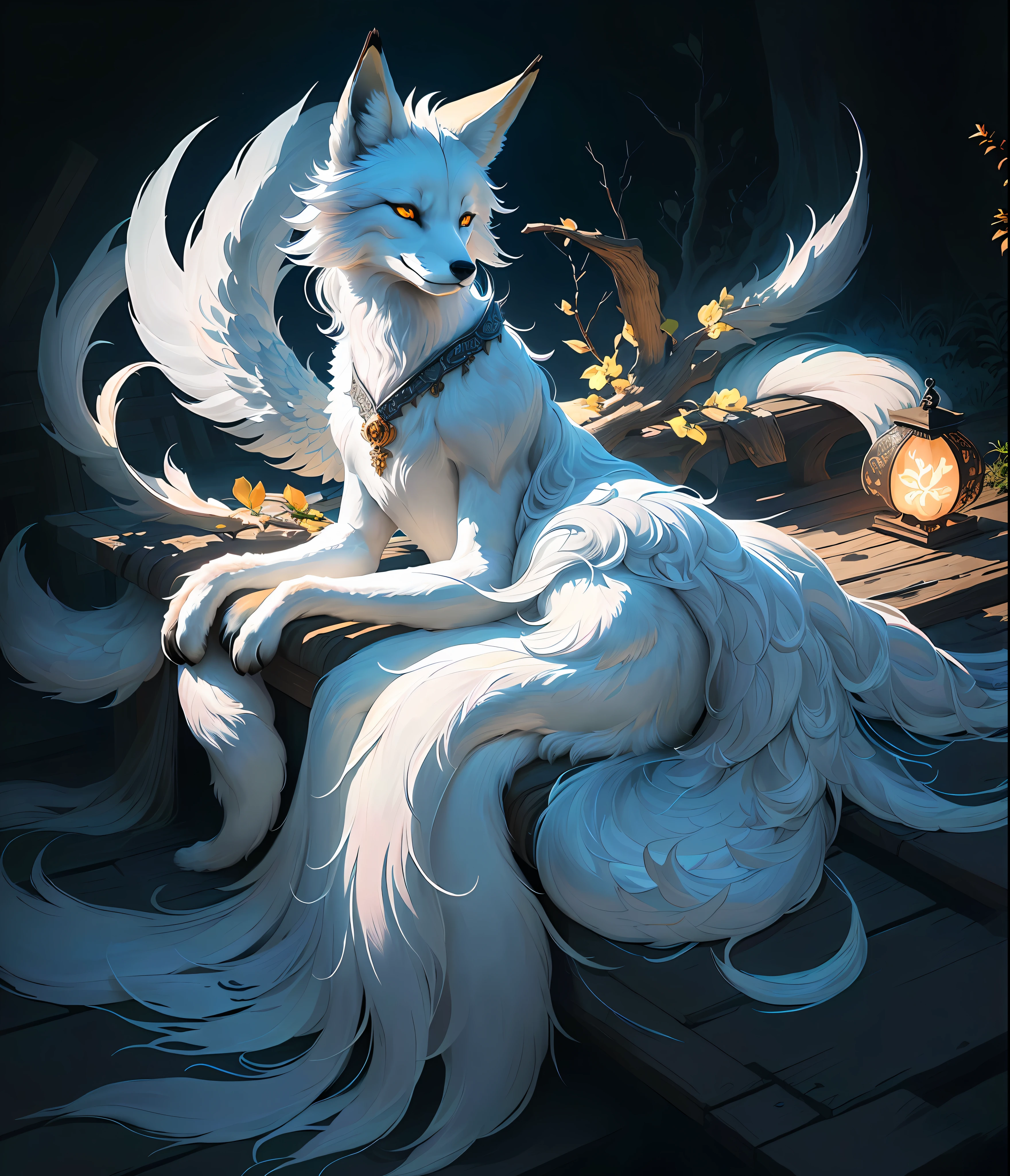 The background is a super large moon, painting of a fox with white hair sitting on a branch under the stars, ethereal fox, nine-tailed fox, dreamy, millennium fox demon, Onmyoji detailed art, nine tails, beautiful artwork illustration, mythical creatures, fox, beautiful digital artwork, exquisite digital illustration, mizutsune, inspired by mythical creature wildnet, digital art on pixiv, bright light, high contrast, horror movie theme, dark atmosphere