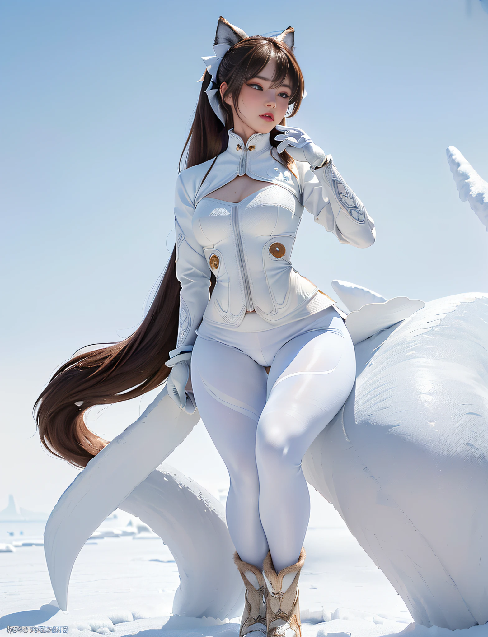 ((very detailed RAW color photo)), (((1 girl))), (((alone))), (((29 years))), ((athletic)), ((very defined toned physique)), ((very defined and beautiful muscular body)), (((very detailed perfect body))), (((small and defined breasts))), (((ultra defined curves))), (((superior quality, 8k, masterpiece: 1.3)), sharp focus: 1.2, (((extremely beautiful girl with perfect figure: 1.4))), ((very thin waist: 1.2)), ultra detailed skin texture,  ((perfect and beautiful hands)), ((smooth and soft skin)), (ultra detailed fabric texture), extremely beautiful ultra detailed face, (((extremely beautiful))), intricate details, ultra detailed, (((girl wearing a white snow jacket and tight snow leggings with hiking boots))), (((the suit is white))), (((white snow gloves)), (((extremely long straight brown hair))), extremely beautiful,  (((extra long ponytail with bangs))), ((very detailed and beautiful wolf ears)), (hair on the face), ((hair ribbon)), dynamic pose, ((uniform leaves thighs exposed)), ((ultra detailed and toned legs)), (((ultra detailed waist))), (((very wide hips))), (((very thick and toned thighs))), (sexy), (((extreme hourglass figure))), (((very thick heart lips))),  ((red lipstick)), ((ultra detailed lips)), ((ultra detailed blue eyes)), ((angry look)), (((staring at the viewer))), ultra detailed provocative mouth, extremely beautiful seductive lips, ((blushing)), (makeup), (((ultra defined waist))), eye shadow, (full body shot), in a frozen Siberian lake