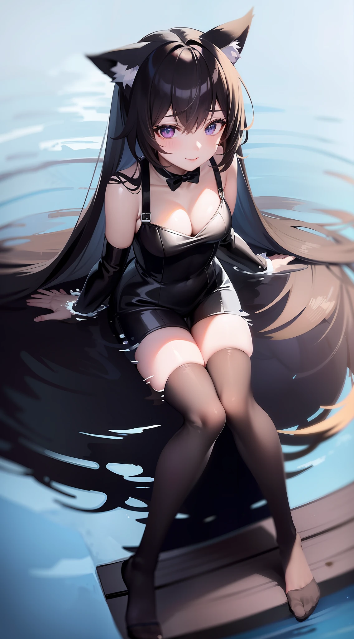 Anime girl with black ears and black dress standing in the water,!! Full body portrait!!, full body portrait, full body portrait full_body!!, shorts! , anime full body illustration, anime cat woman, anime moe art style, anime visual of cute girl, Makoto Shinkai. Digital rendering, anime girl with cat ears, dark circles!!!, smile, purple eyes!!!, nudity!!!, black over-the-knee socks, open legs