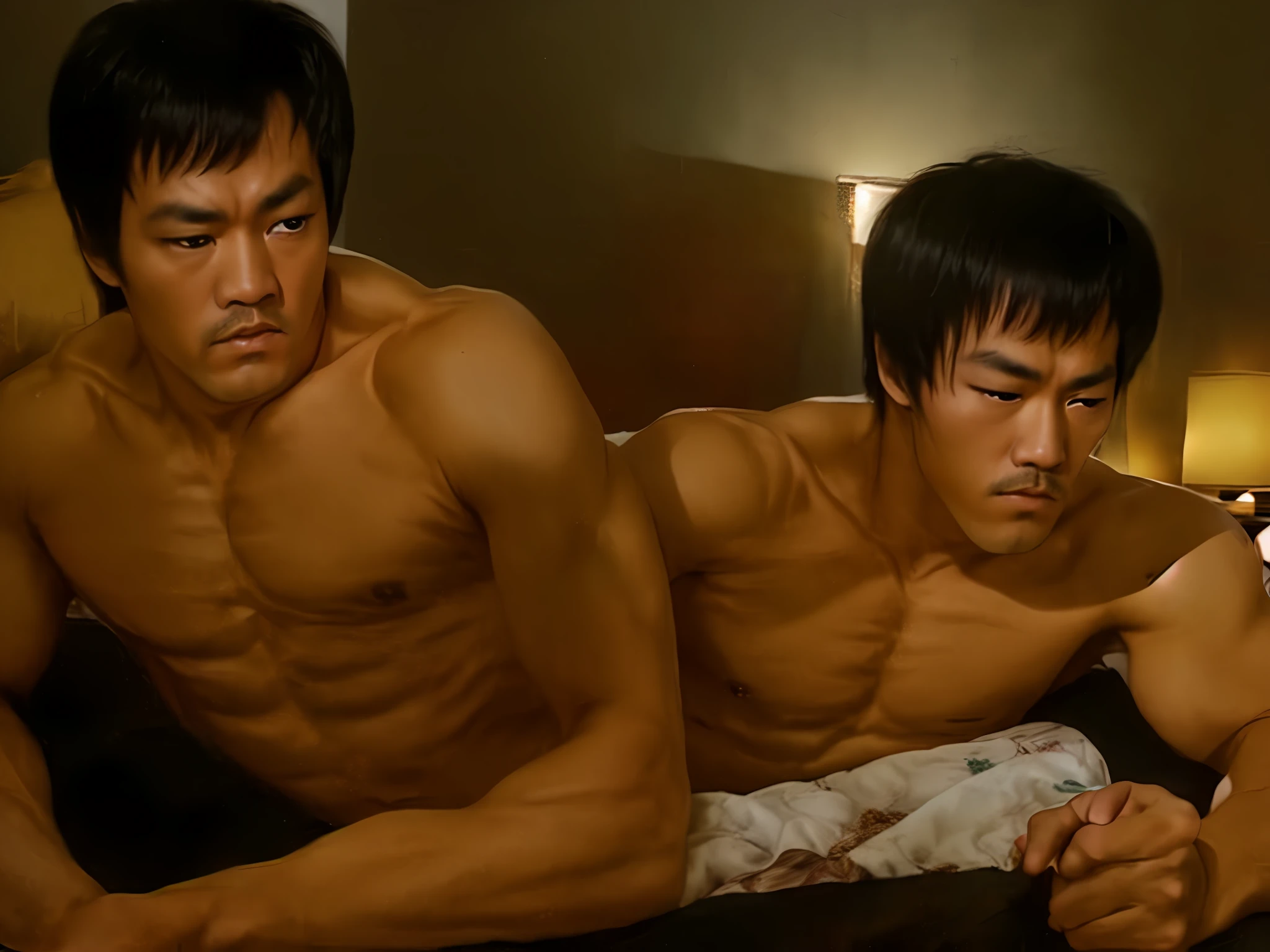 HD, soft lighting, Bruce Lee, lying together, mysterious, night, silent, emphasis Bruce Lee.