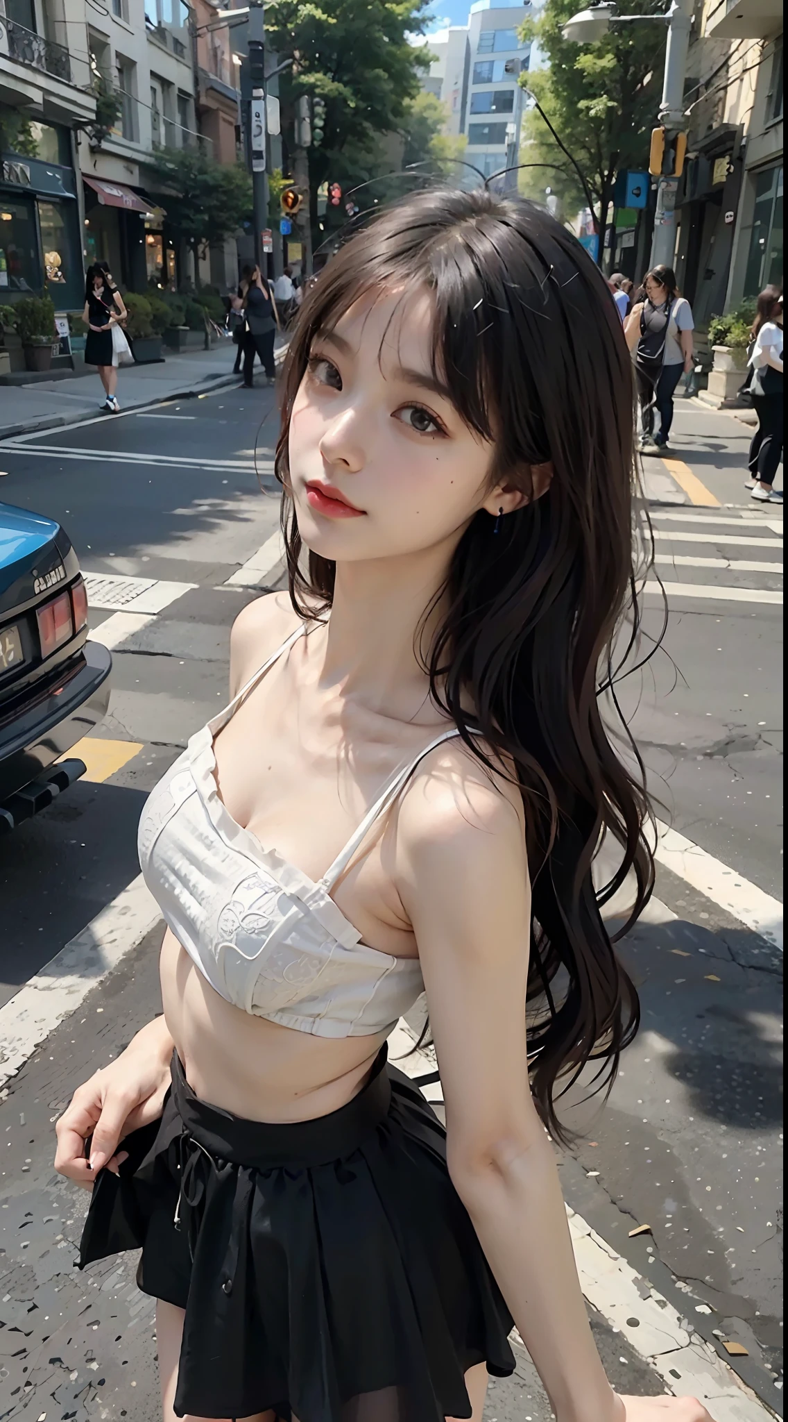 upper body photo of a beautiful woman, fiddling with cell phone in the middle of the street, [see-through](short:1.47)lace camisole, black miniskirt, natural breast, medium breasts, (narrow waist, perfect body curve), earring, sharp focus, (tall body, adult woman), ((looking at away)), (high detailed skin, skin pores:1.4)