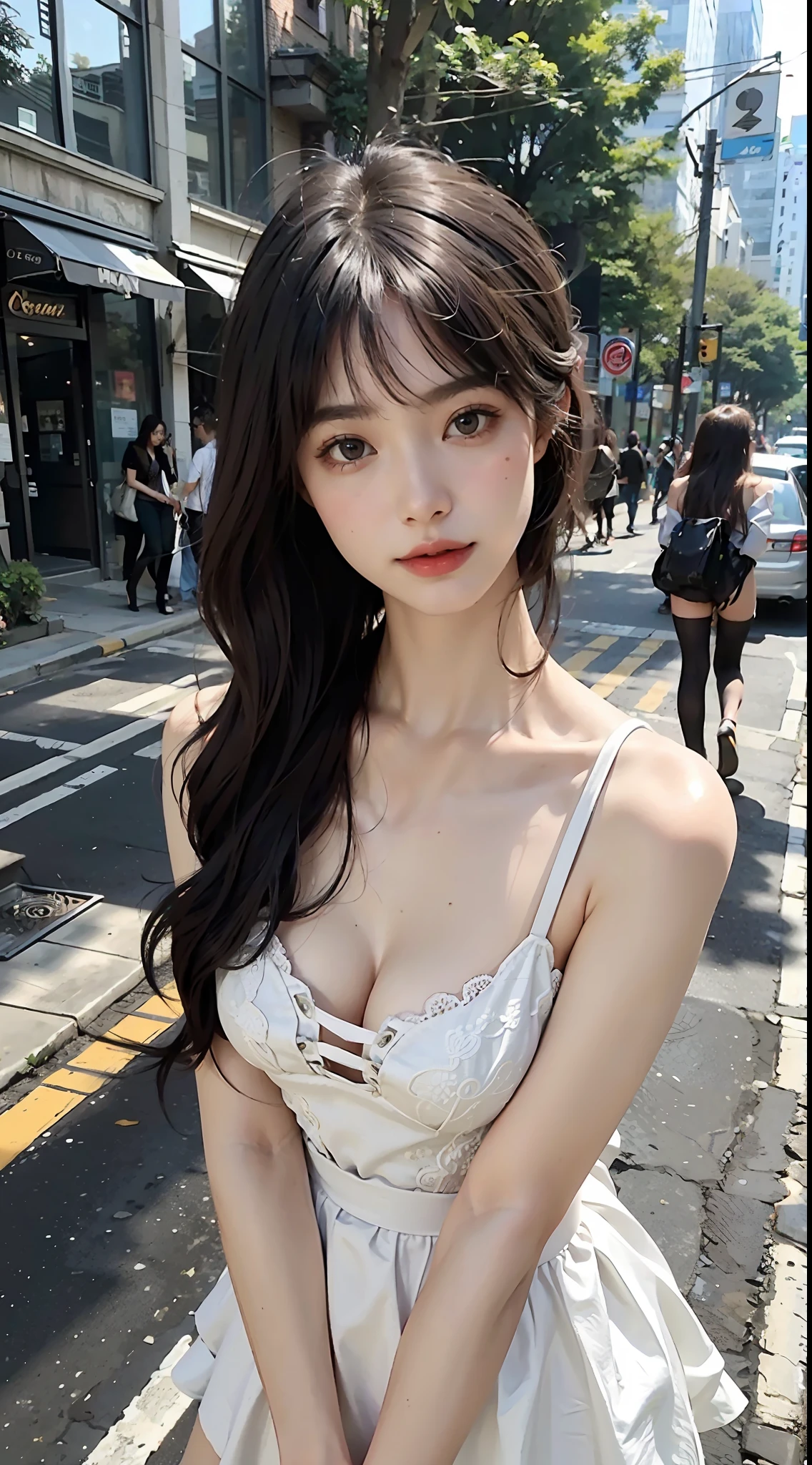 upper body photo of a beautiful woman, fiddling with cell phone in the middle of the street, [see-through](short:1.47)lace camisole, black miniskirt, natural breast, medium breasts, (narrow waist, perfect body curve), earring, sharp focus, (tall body, adult woman), ((looking at away)), (high detailed skin, skin pores:1.4)