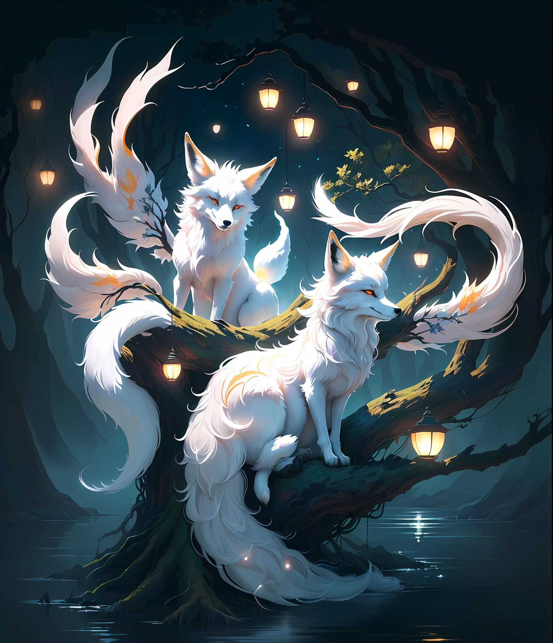 The background is a super large moon, painting of a fox with white hair sitting on a branch under the stars, ethereal fox, nine-tailed fox, dreamy, millennium fox demon, Onmyoji detailed art, nine tails, beautiful artwork illustration, mythical creatures, fox, beautiful digital artwork, exquisite digital illustration, mizutsune, inspired by mythical creature wildnet, digital art on pixiv, bright light, high contrast, horror movie theme, dark atmosphere