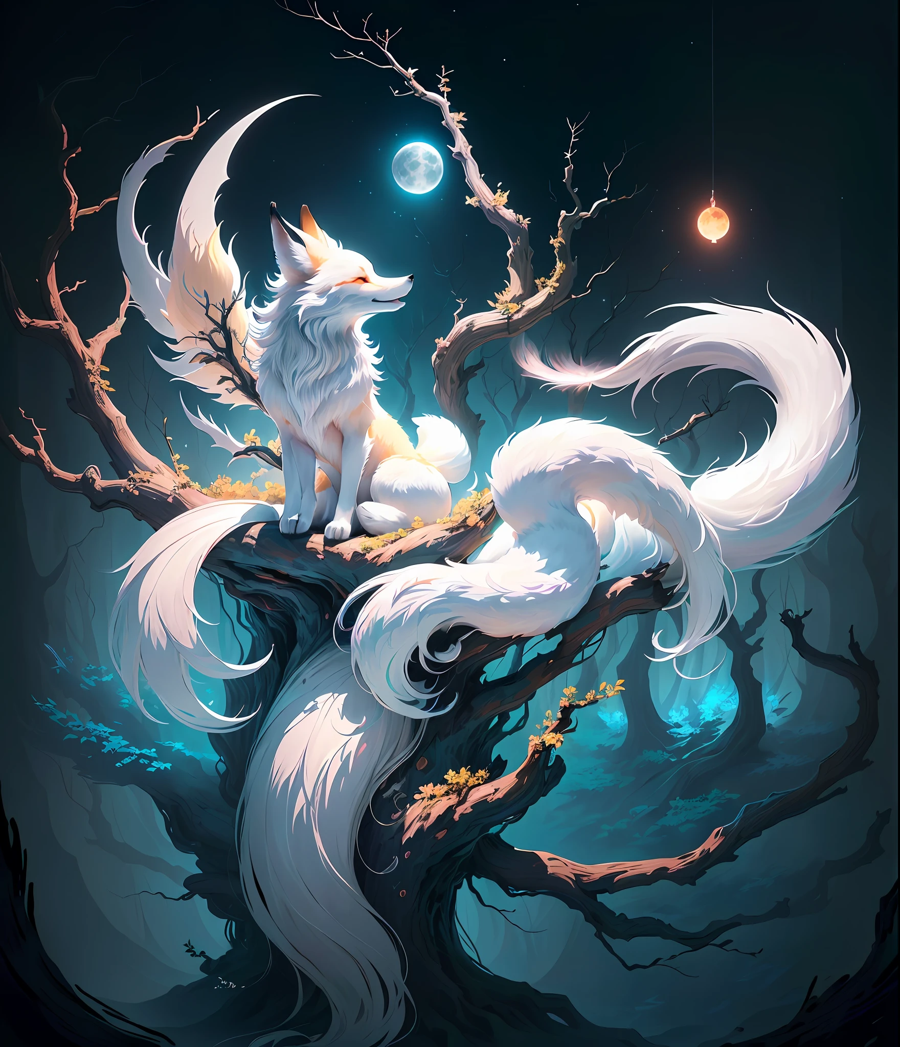 The background is a super large moon, painting of a fox with white hair sitting on a branch under the stars, ethereal fox, nine-tailed fox, dreamy, millennium fox demon, Onmyoji detailed art, nine tails, beautiful artwork illustration, mythical creatures, fox, beautiful digital artwork, exquisite digital illustration, mizutsune, inspired by mythical creature wildnet, digital art on pixiv, bright light, high contrast, horror movie theme, dark atmosphere