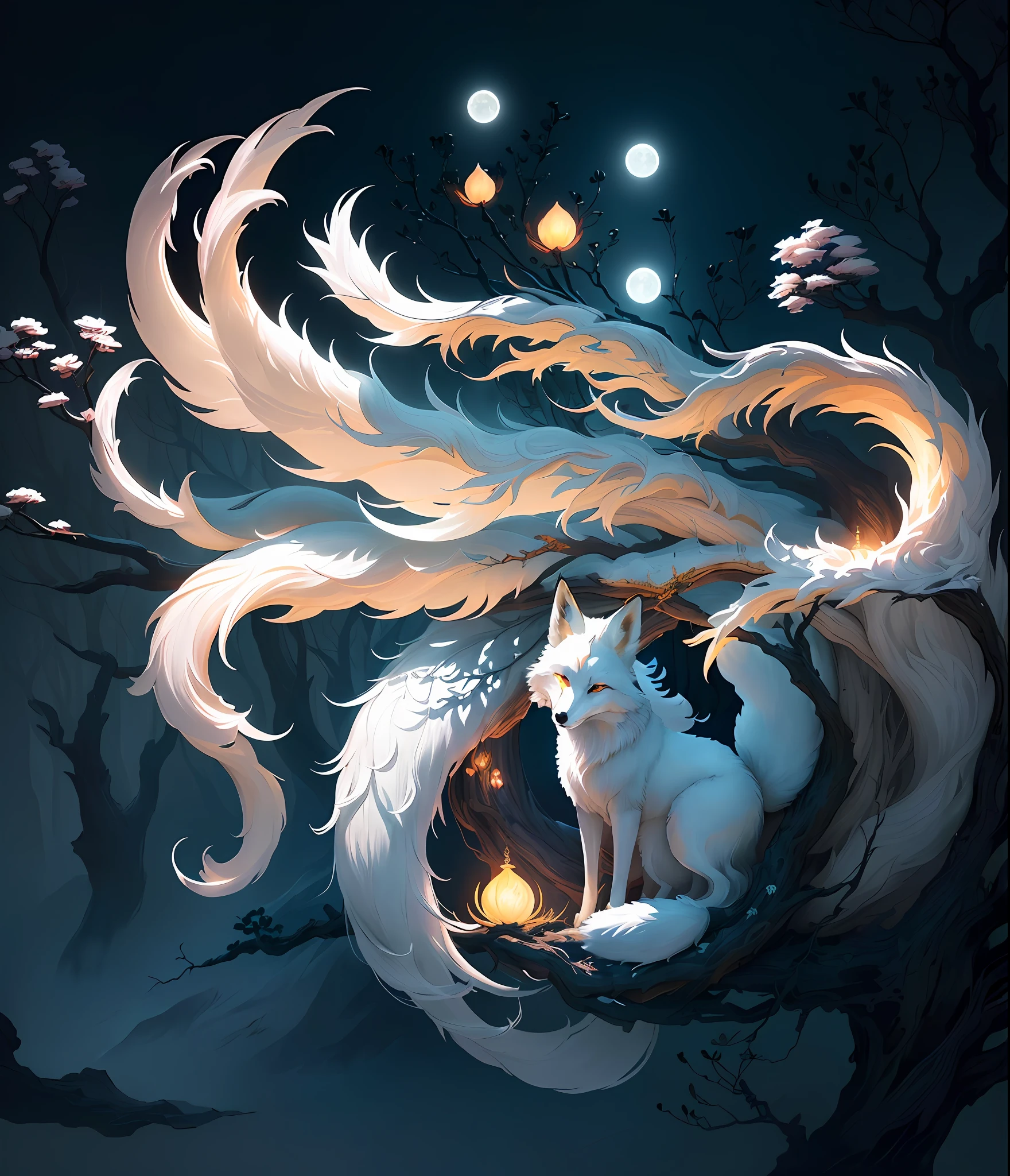 The background is a super large moon, painting of a fox with white hair sitting on a branch under the stars, ethereal fox, nine-tailed fox, dreamy, millennium fox demon, Onmyoji detailed art, nine tails, beautiful artwork illustration, mythical creatures, fox, beautiful digital artwork, exquisite digital illustration, mizutsune, inspired by mythical creature wildnet, digital art on pixiv, bright light, high contrast, horror movie theme, dark atmosphere