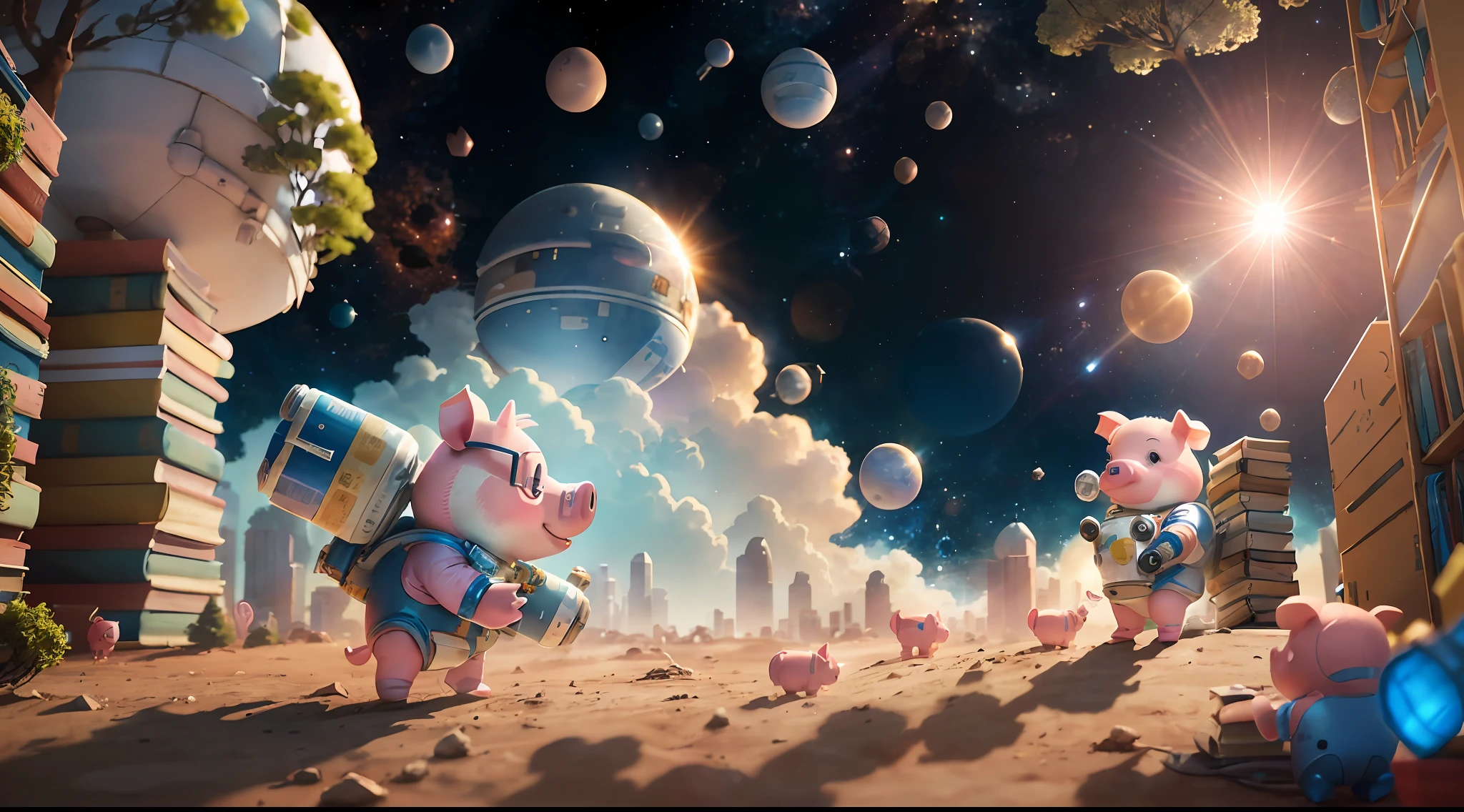 Cute little piglet, dressed in a spacesuit, standing, carrying oxygen cylinders, standing on a building made of books, surrounded by trees, buildings, blue sky, sun, 3D, blender, 8k --ar 3:4 50 --niji 5 --style expression --auto --s 2 --s2