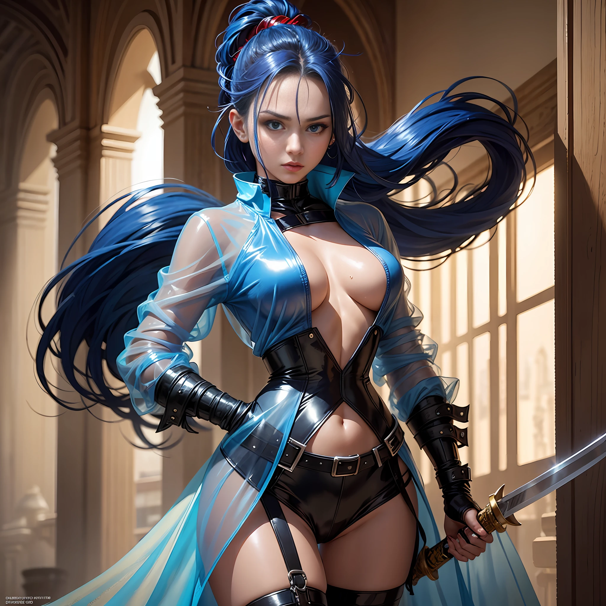 Ponytail, beautiful female warrior, approximately 20 years of age, with a perfect body and dressed in shiny leather elements? The character has dark blue hair with red highlights, tied in a horse tail, and holds a short sword in her hand. I would like the drawing to be done in any graphic convention that fits the character’s nature, wet skin, shiny skin, transparent organza flowing coat, photorealistic: 2.0. Shiny skin,